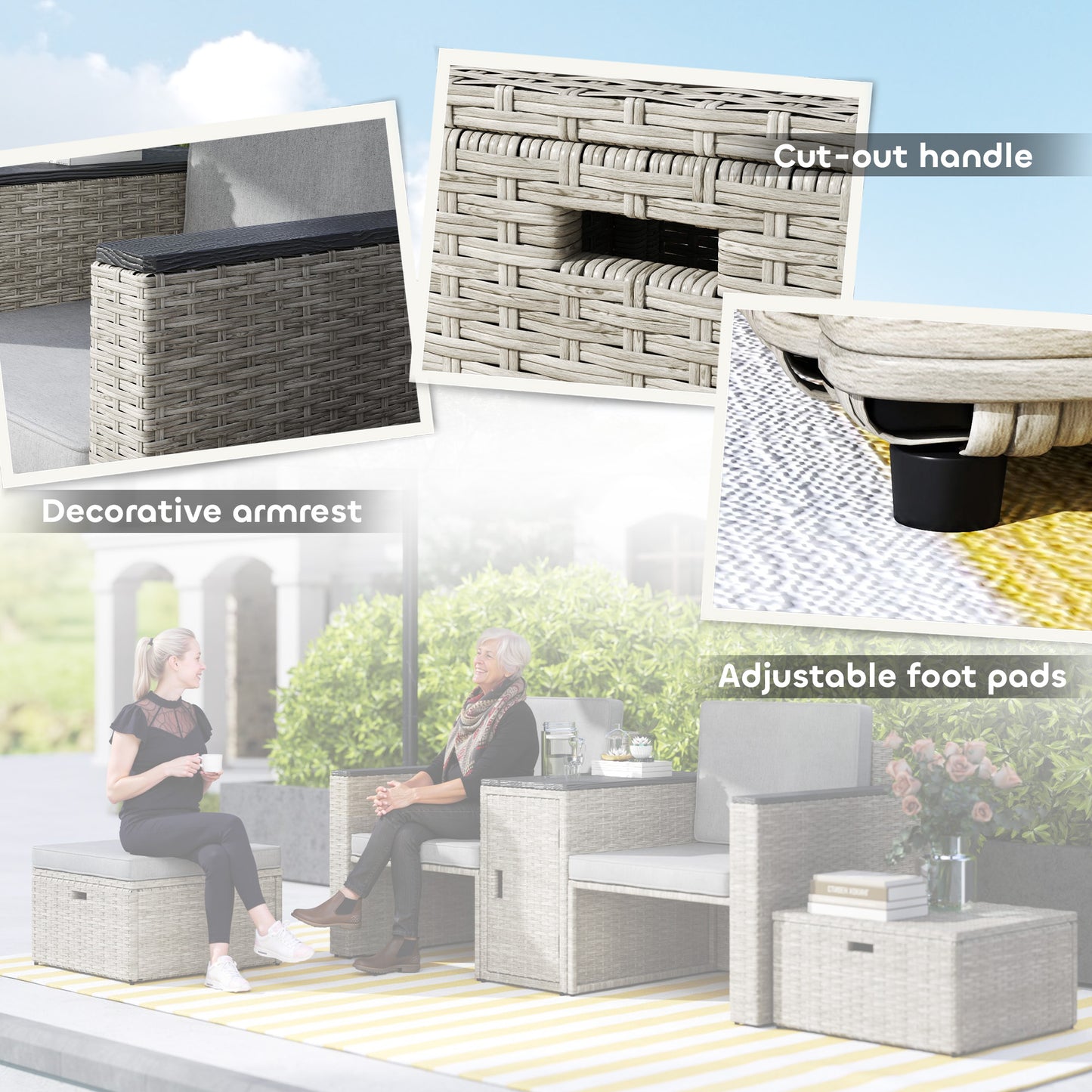 Naleni Grey Rattan 5 Piece Nesting Outdoor Bistro Set With Footstools Storage Coffee Table