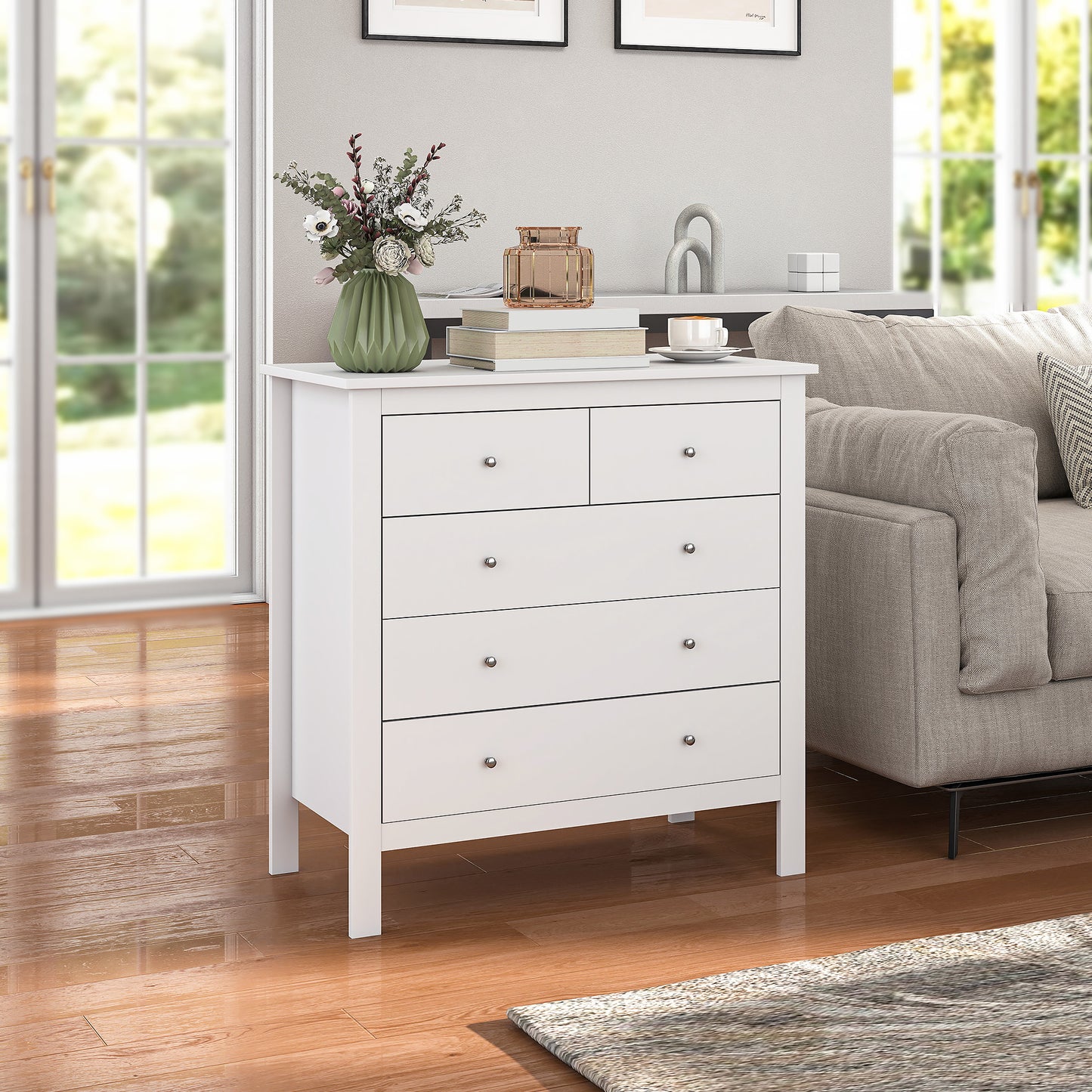 Kesumo Wooden White Wide 5 Drawer Chest For Bedroom Storage