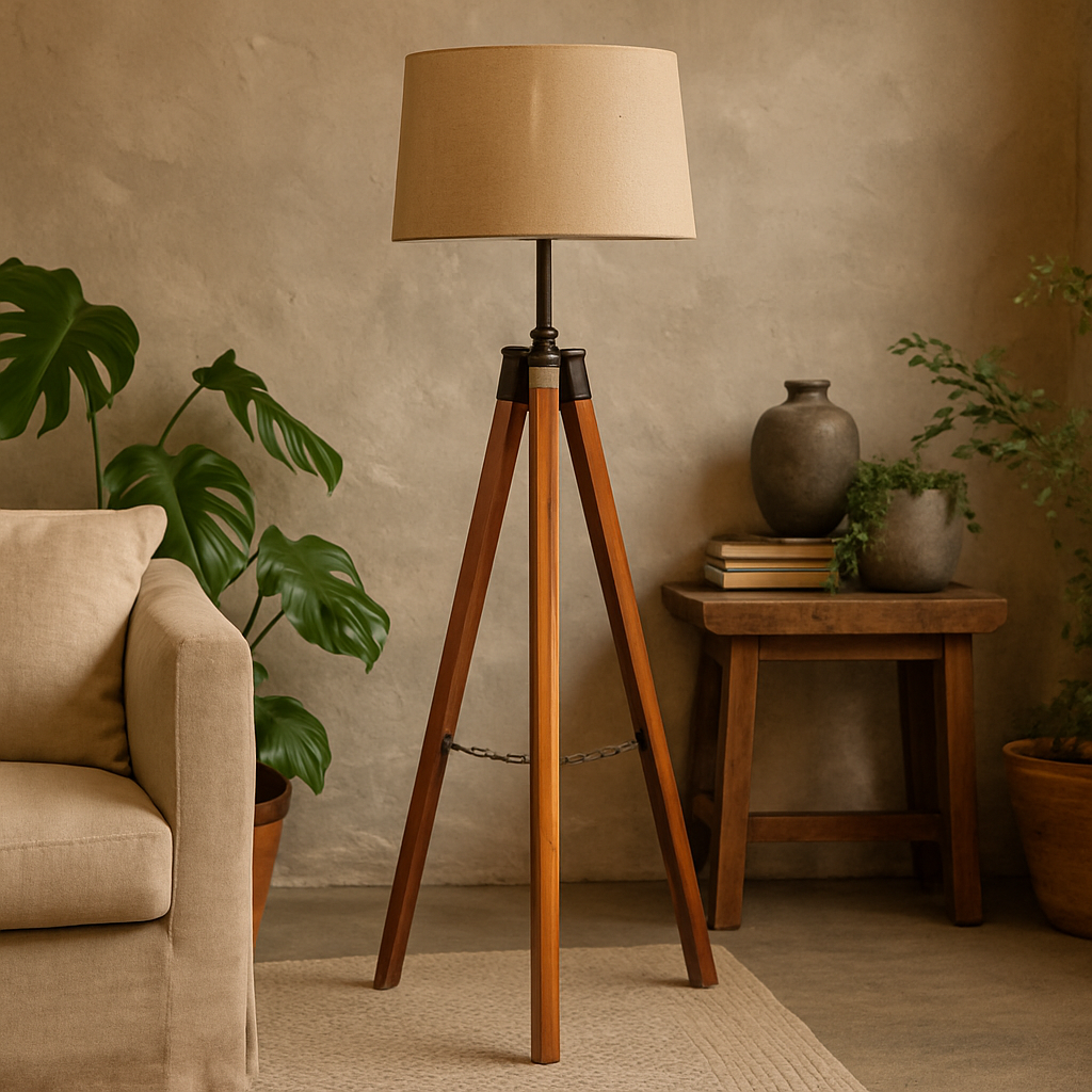Phuket Fixed Chrome and Teak Wood Tripod Floor Lamp