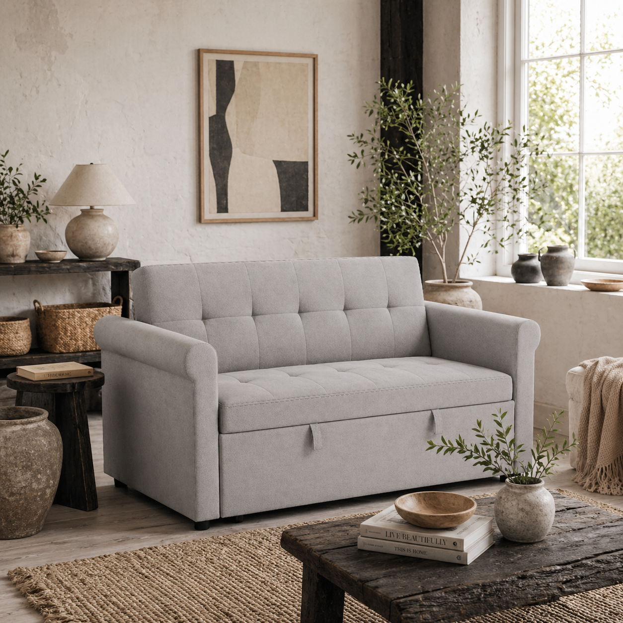 Rekano Velvet Grey 2 Seater Sofa Bed With Tufted Upholstery – Wyld Haus