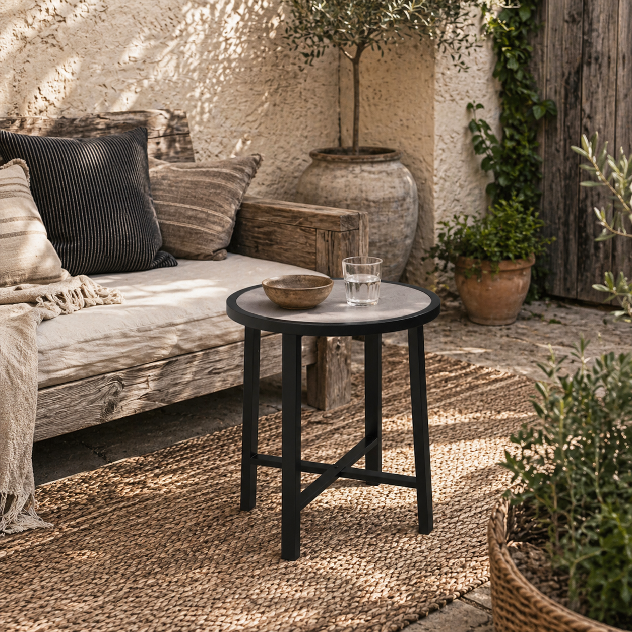Moreve Black and Grey Wood Effect Round Outdoor Side Table With Steel Frame