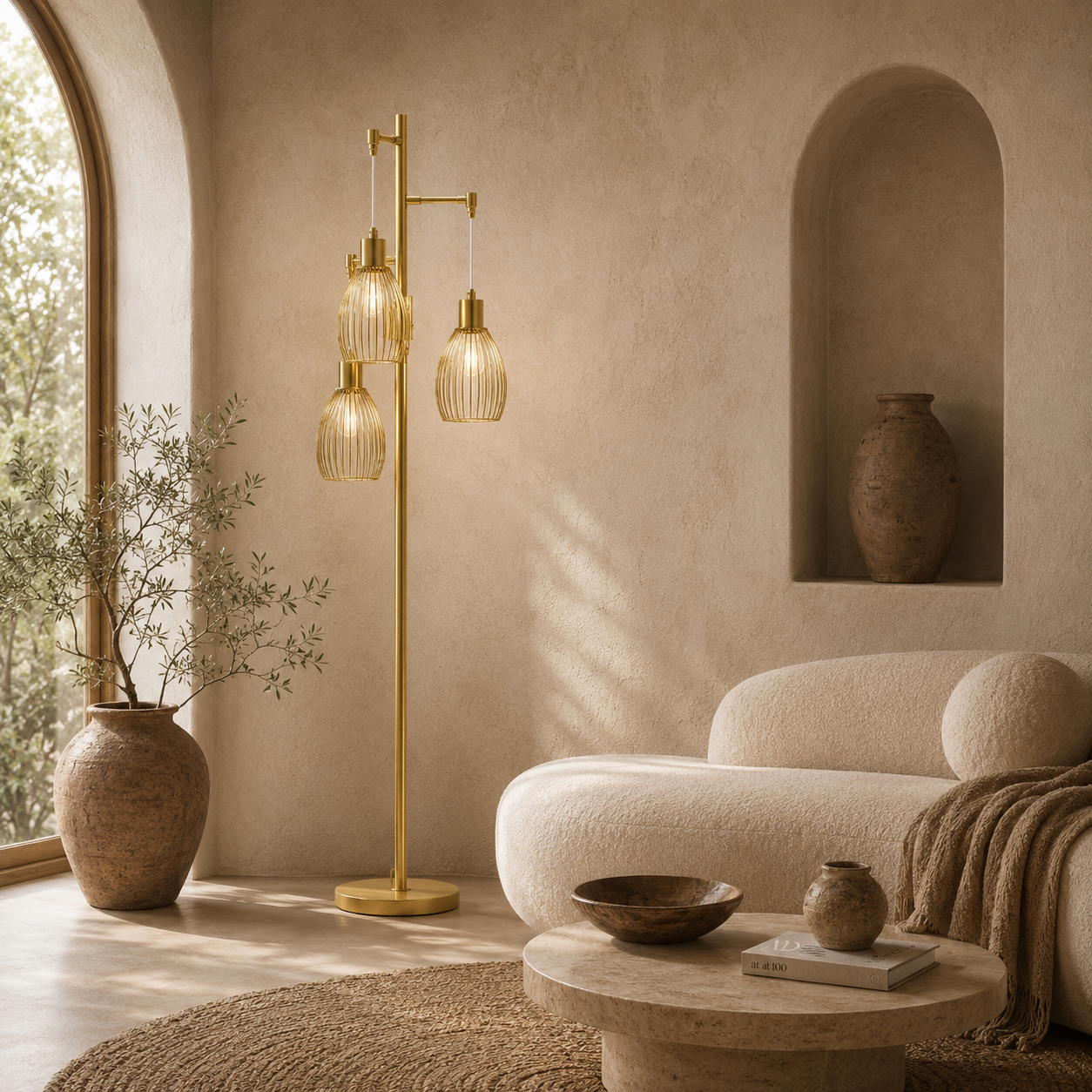 Rodi Metal Gold Tone Industrial 3 Light Floor Lamp With Wire Cage Shades