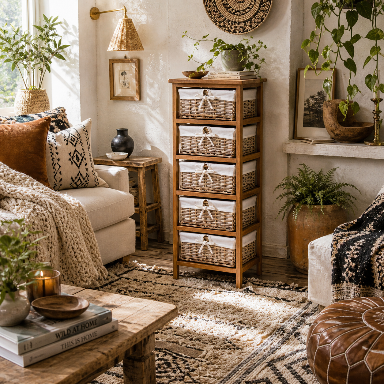 Yorila Wood Natural Finish 5 Drawer Dresser With Wicker Baskets