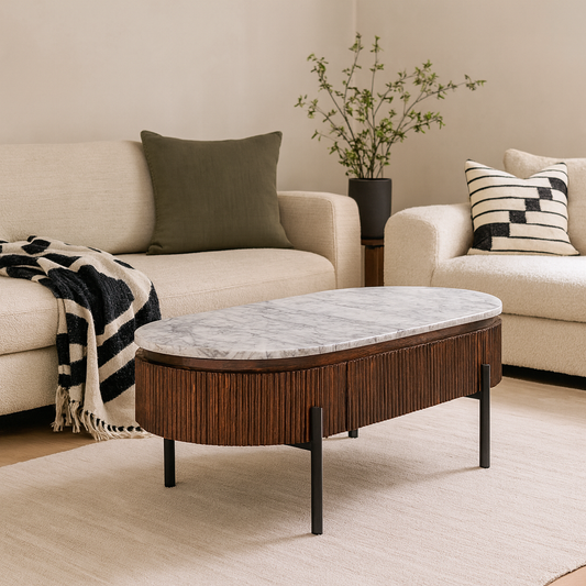 Alabama Ribbed Mango Wood Rectangular Coffee Table With Marble Top and Metal Legs