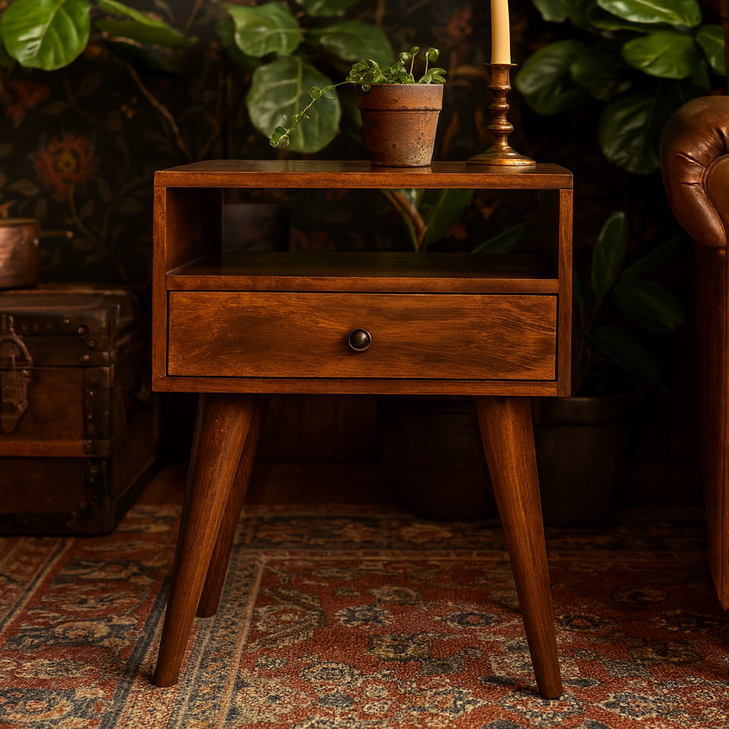 Chioggia Rustic Chestnut Solid Wood Bedside Drawer and Open Shelf