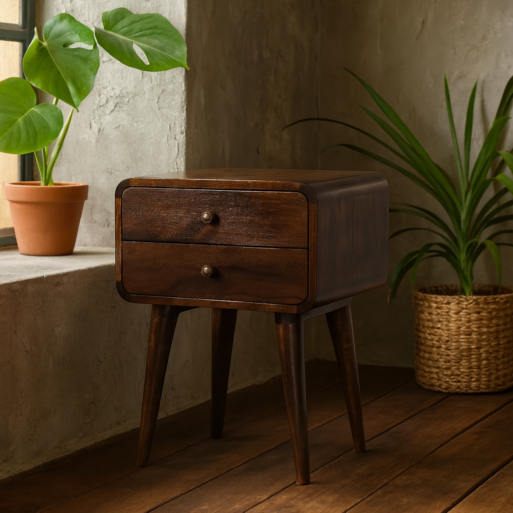 Chiusa Curved Dark Walnut Mango Wood Wide Bedside Table 2 Drawers