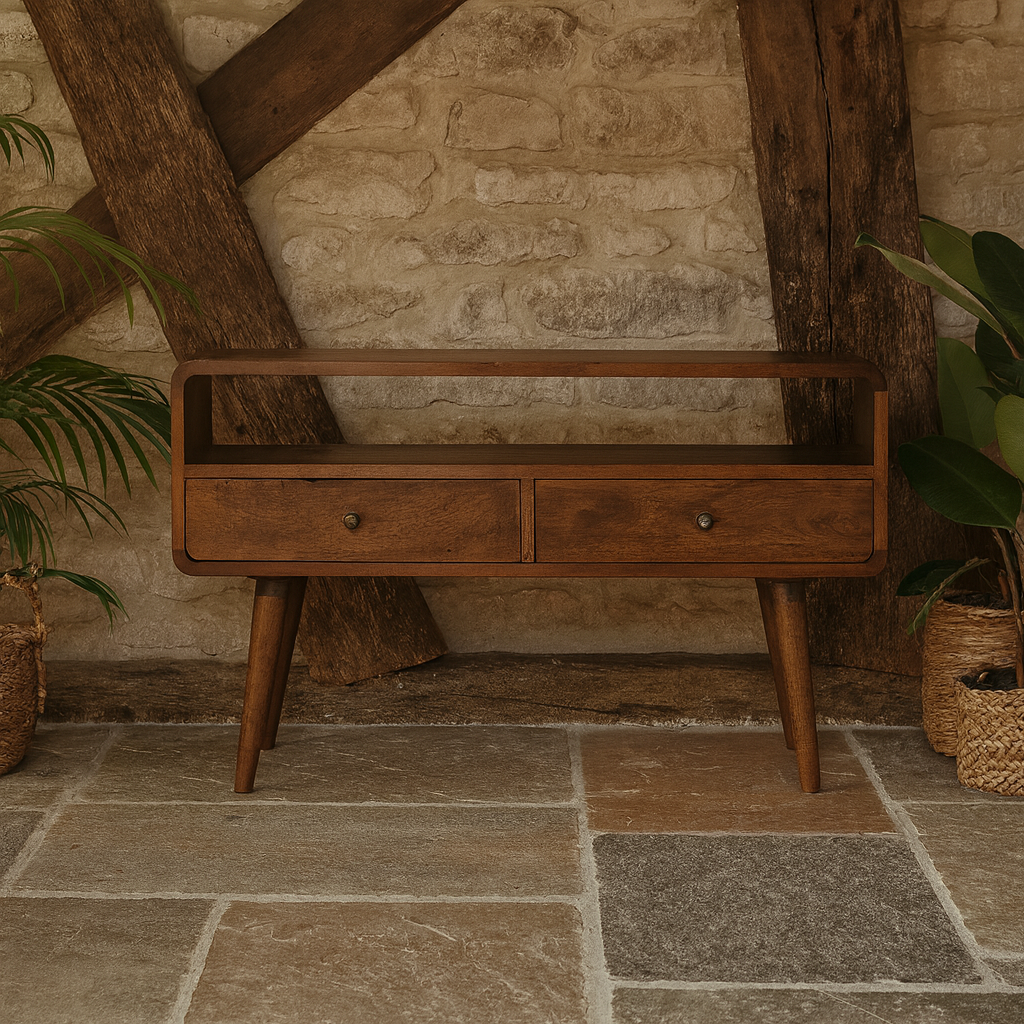 Ostuni Low Curved Chestnut Mango Wood TV Media Unit 2 Drawers and Open Shelf