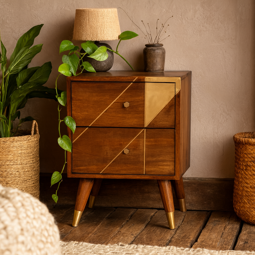 Spoleto Gold Geometric Chestnut Mango Wood Bedside Table
