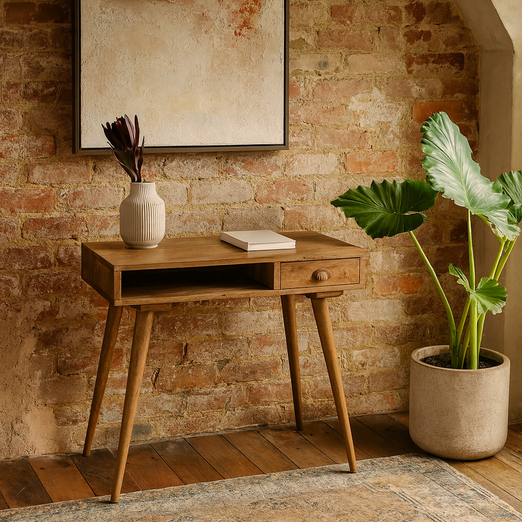 Procida Open Slot Scandi Mango Wood Writing Desk with Drawer and Shell Knob