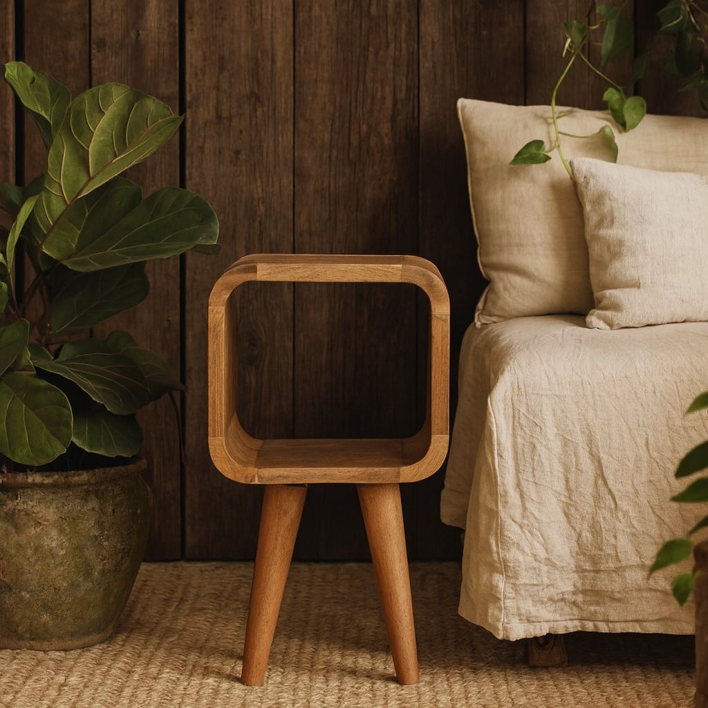 Cagliari Minimalist Open Curved Mango Wood Bedside Table