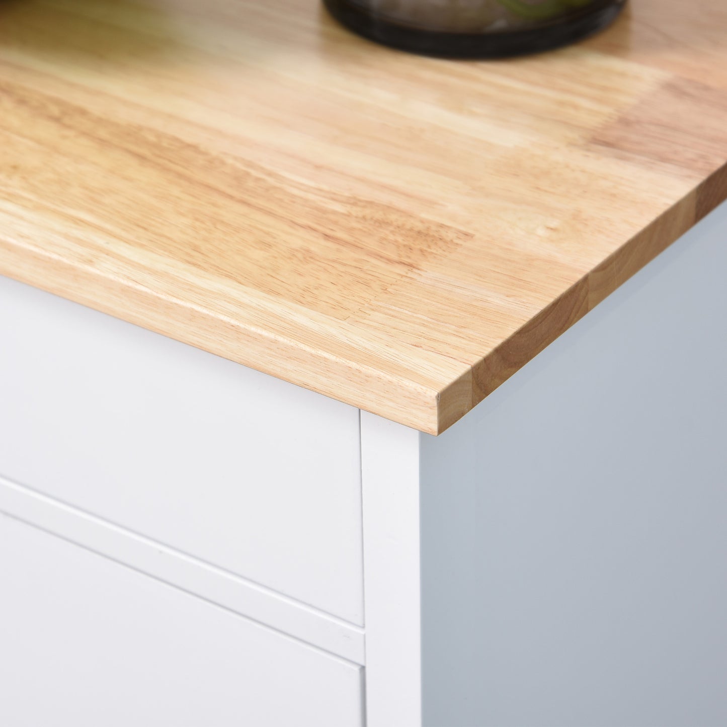 Yota Wooden White Kitchen Island On Wheels With Wood Top Shelves And Storage Cupboard