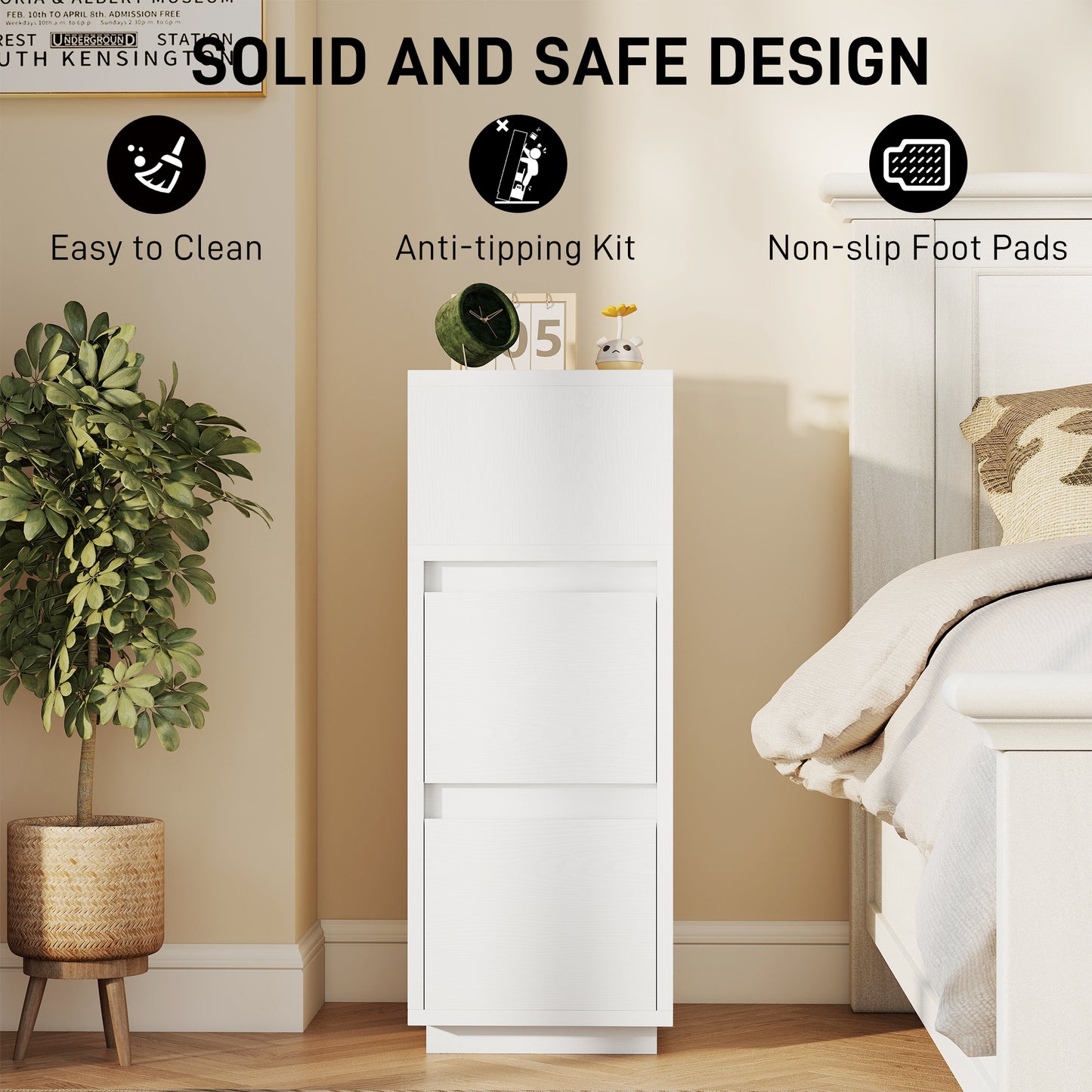 Nineso Valu White Slim Bedside Table With 2 Drawers And Open Shelf