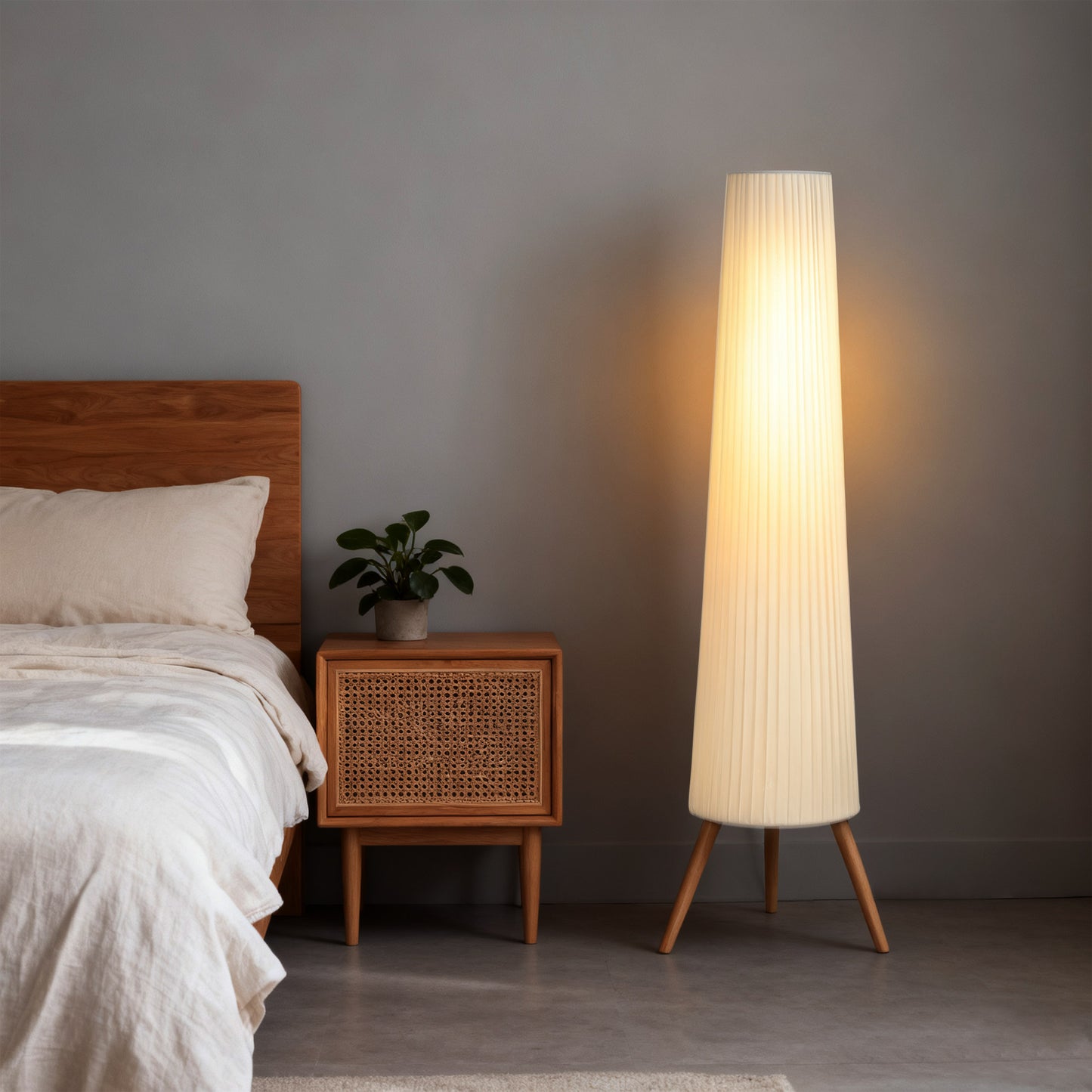 Liletti Natural Wood and White Fabric 3 Level Tripod Scandi Floor Lamp