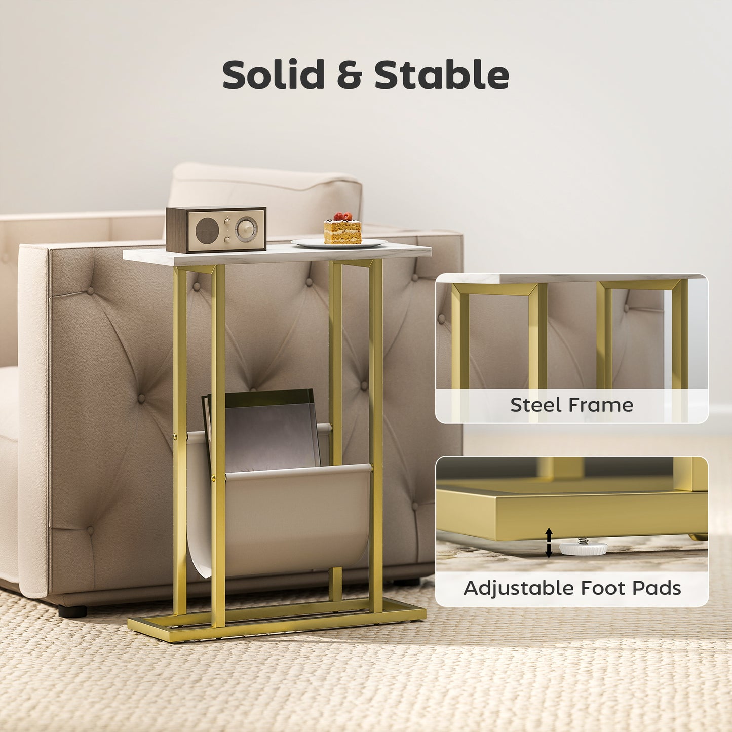 Vanozi Wooden White Marble Grain Slim Side Table With Magazine Holder For Small Spaces