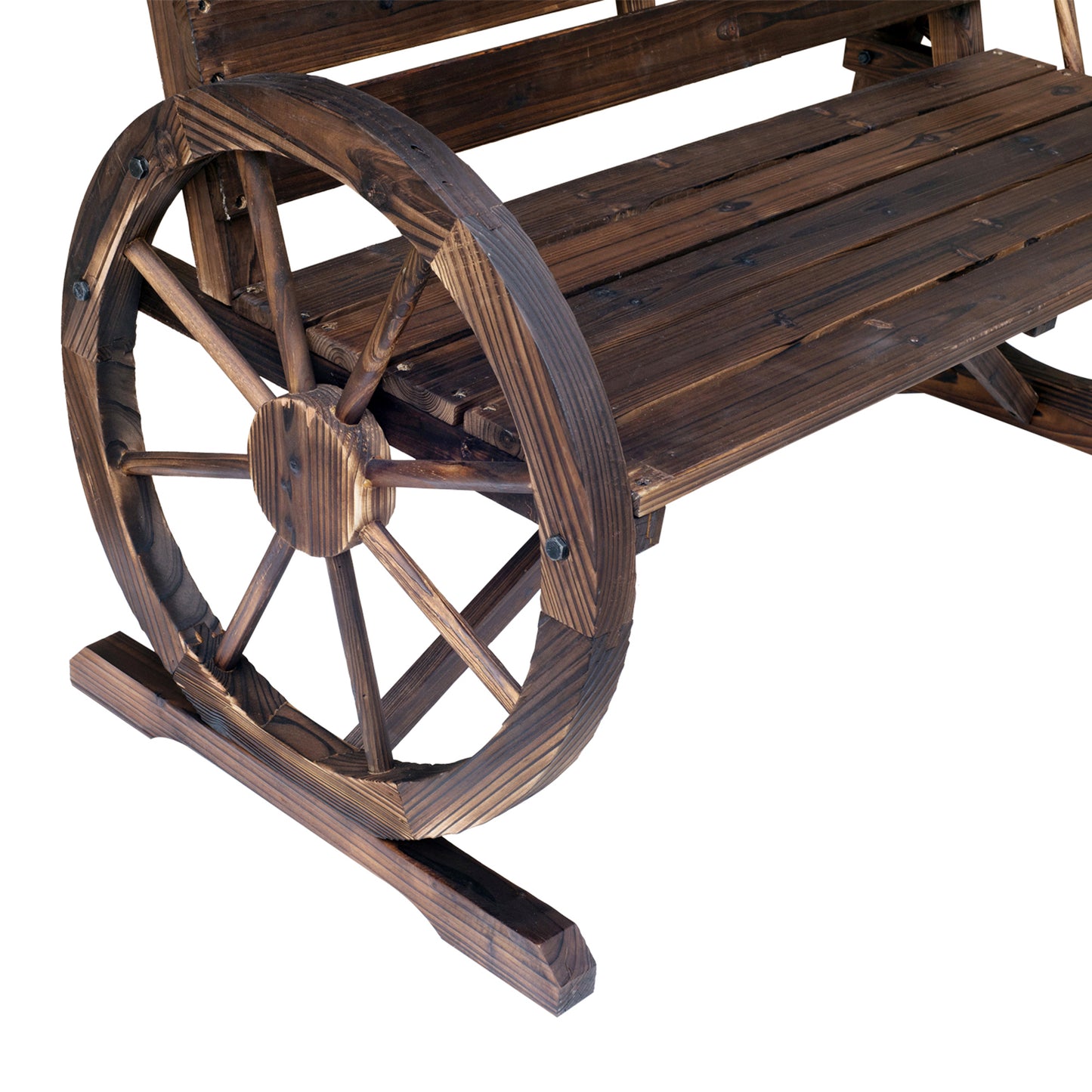 Linifi Wood Brown Rustic 2 Seater Garden Bench With Wagon Wheel Arms And High Back