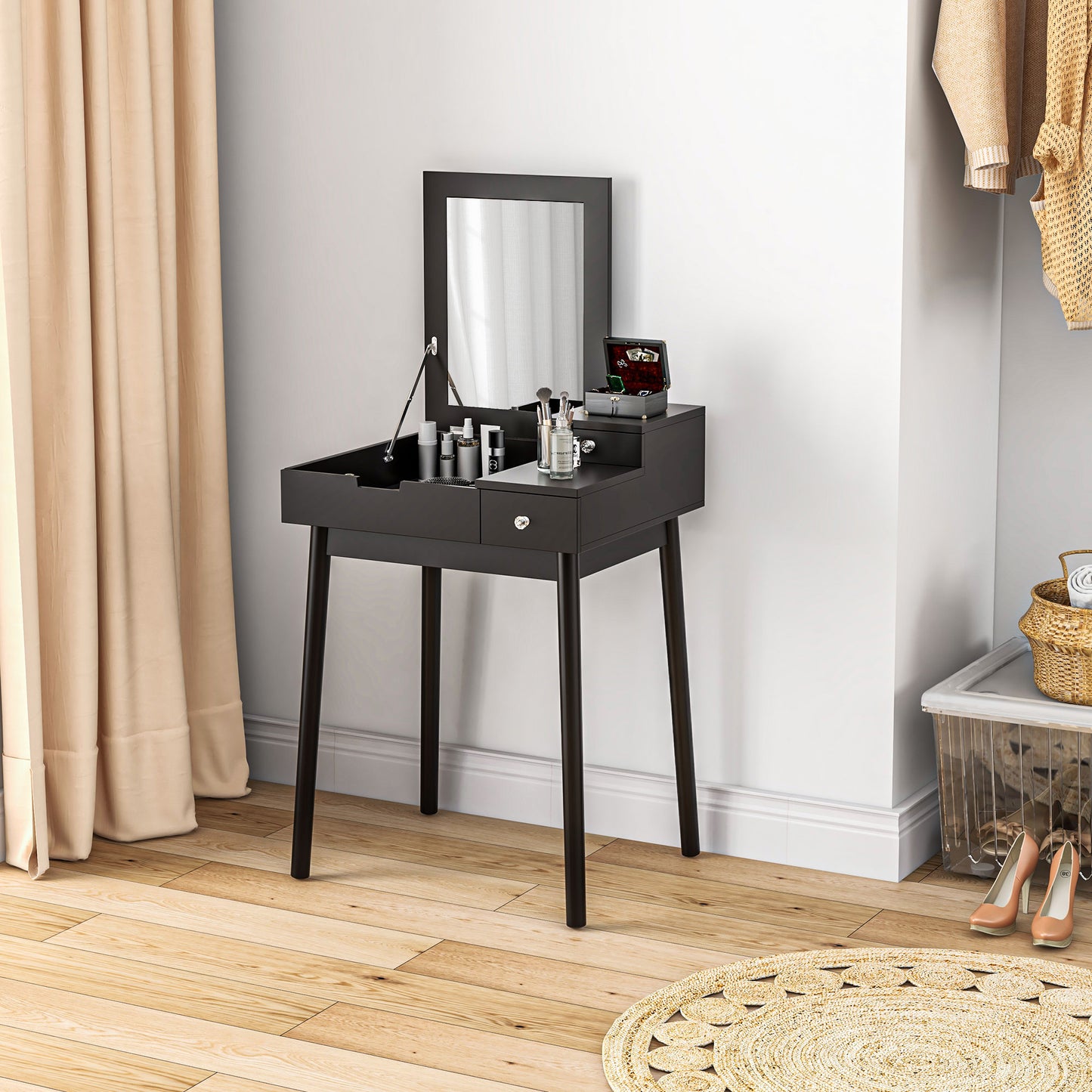 Sinotti Black Dressing Table With Flip Up Mirror 2 Drawers And Wood Legs
