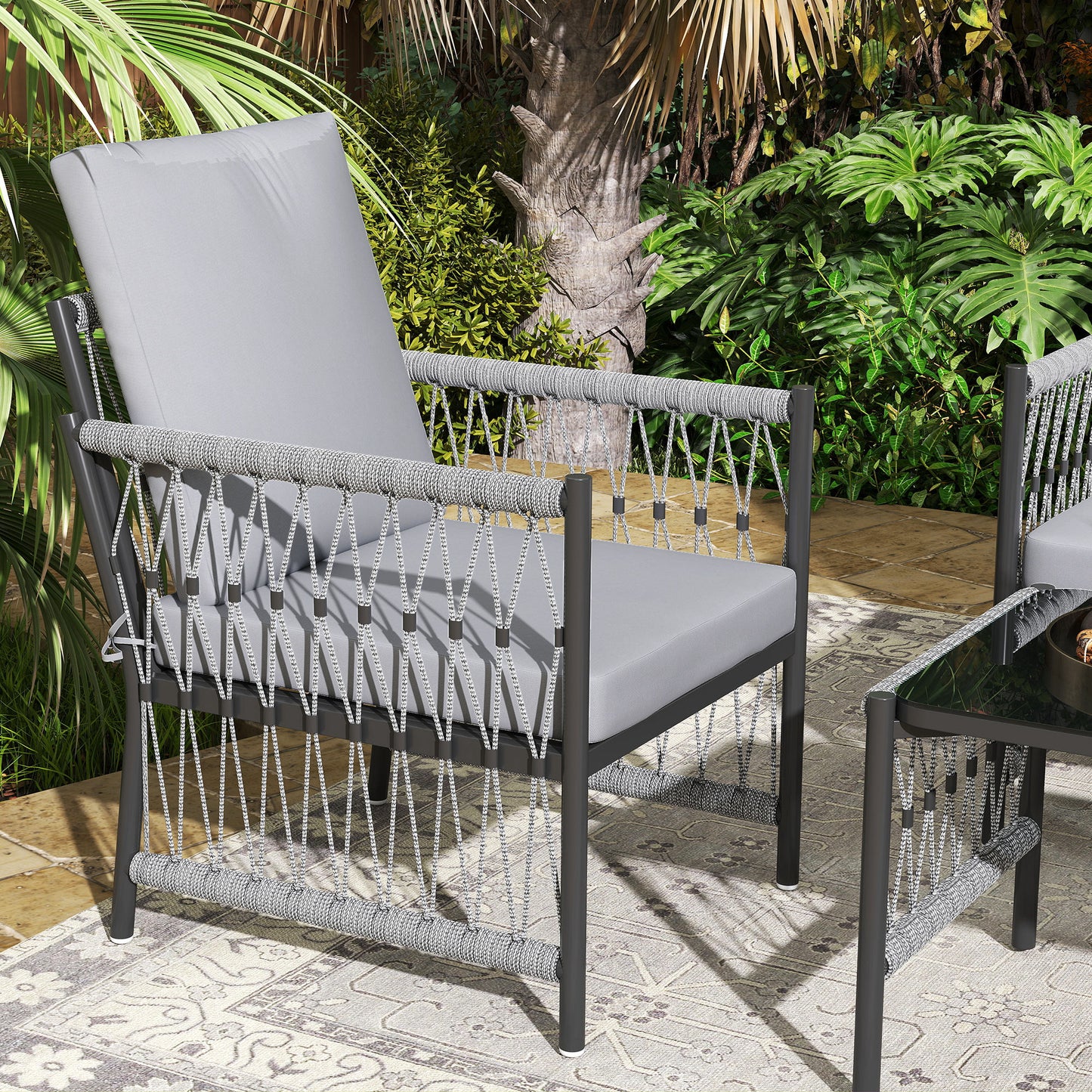 Zike Rattan Grey 4 Seater Outdoor Sofa Conversation Set With Glass Coffee Table