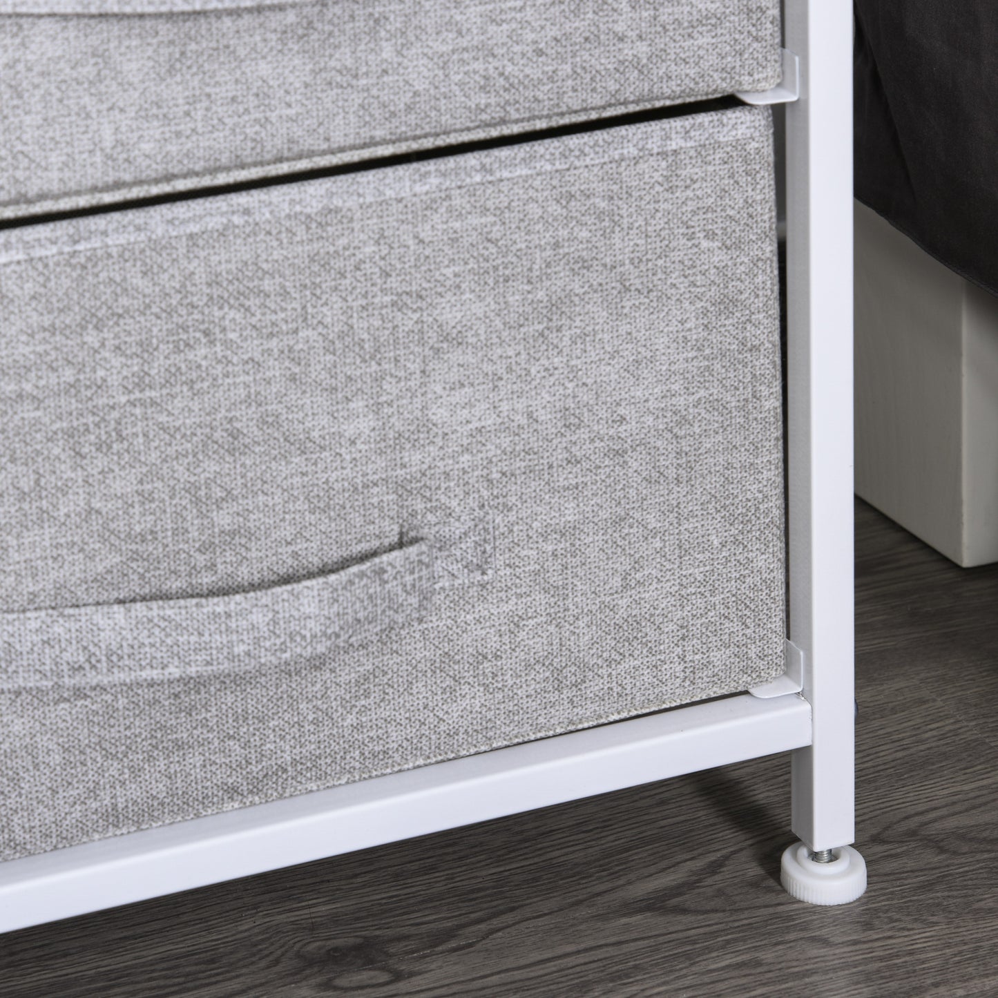 Vepapa White Metal And Grey Fabric 5 Drawer Linen Basket Storage Unit With Natural Wooden Top Shelf