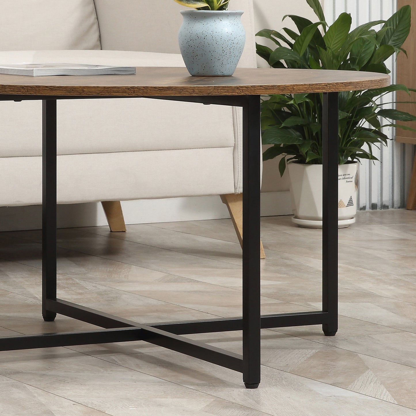 Kara Baso Set Of 2 Round Industrial Nesting Coffee Tables Metal And Wood Rustic Brown