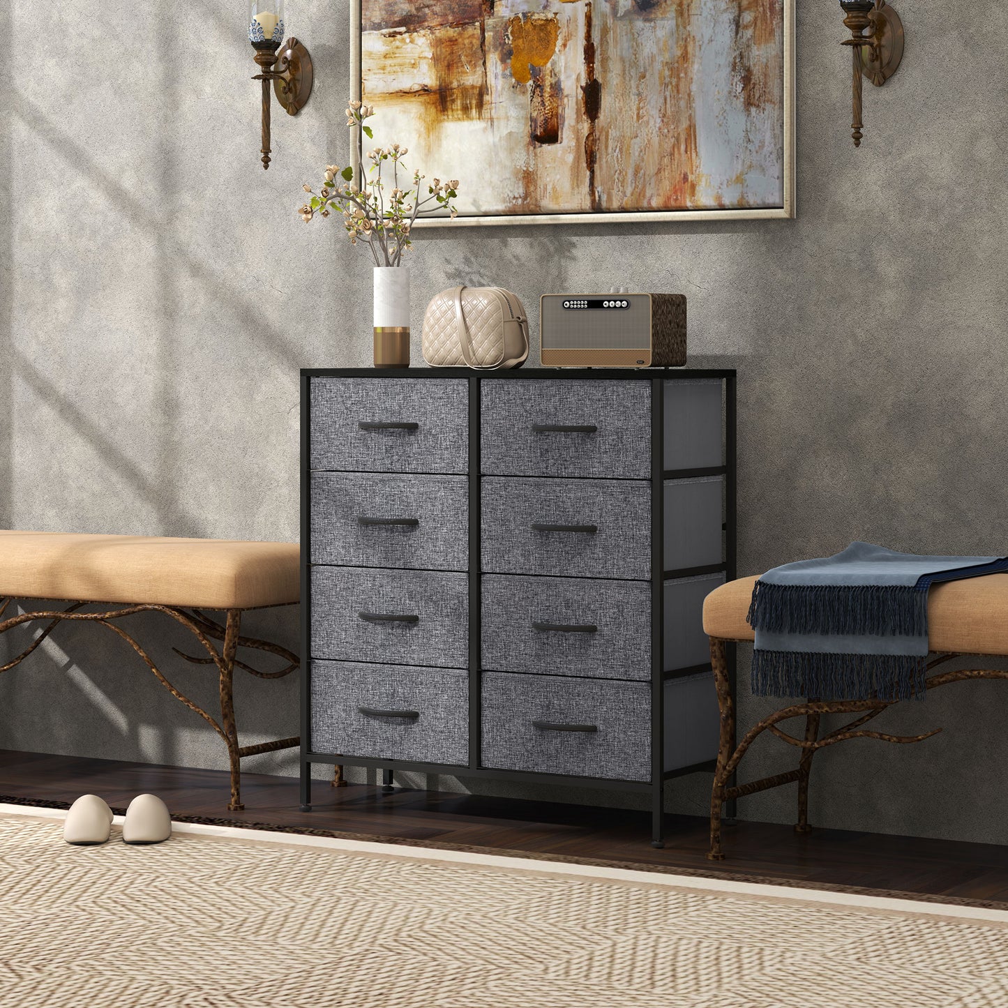 Sarofi Metal And Fabric Black 8 Drawer Industrial Storage Dresser With Steel Frame
