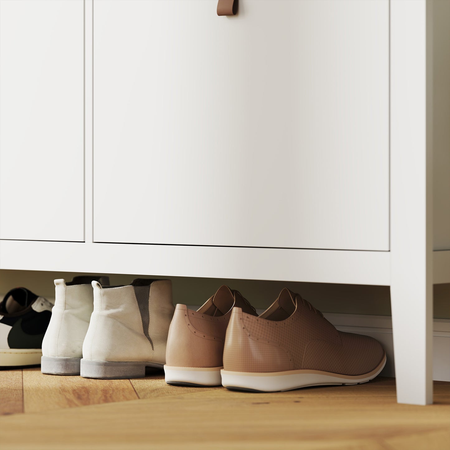 Milese Wooden White and Natural Modern 4 Drawer Shoe Cabinet Faux Leather Handles