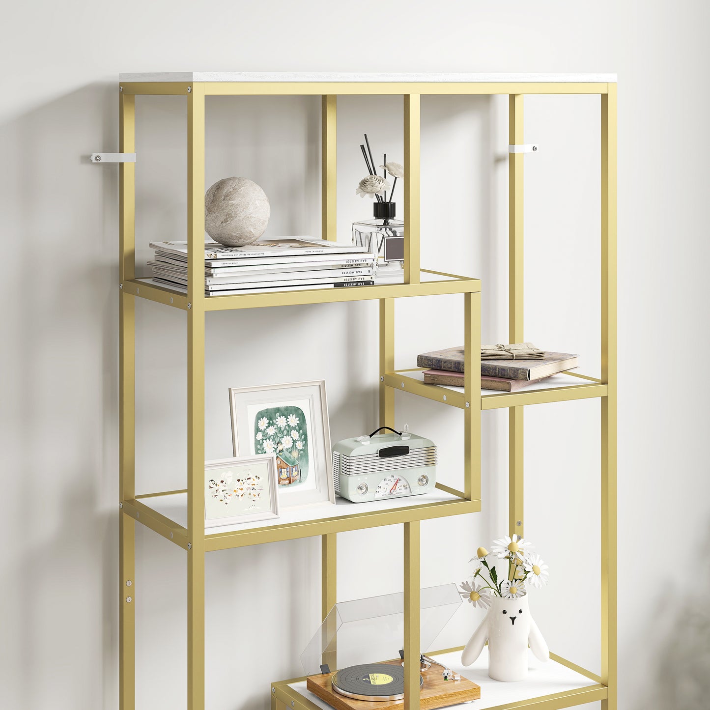 Lolaha Wood And Metal White And Gold Tone 7 Tier Geometric Display Bookcase