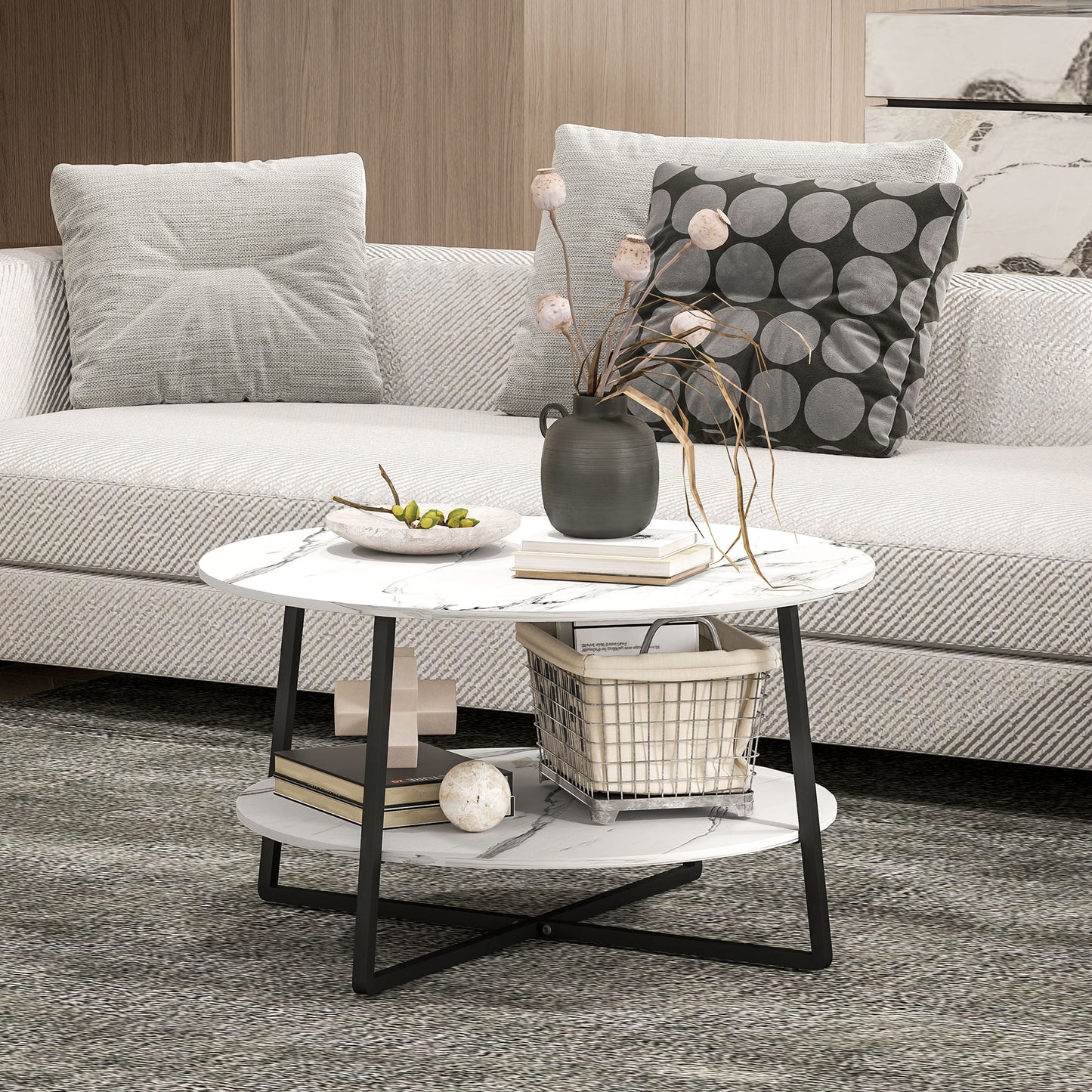 Masoso Wooden White And Black 2 Tier Marble Effect Coffee Table