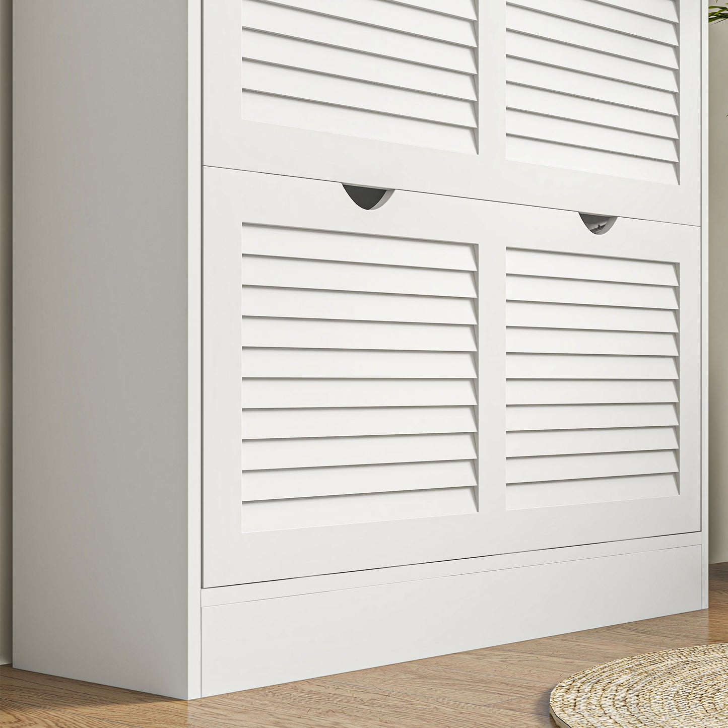 Nelu Neka Wooden White Slim Entryway Shoe Cabinet With 2 Flip Drawers Slatted Design