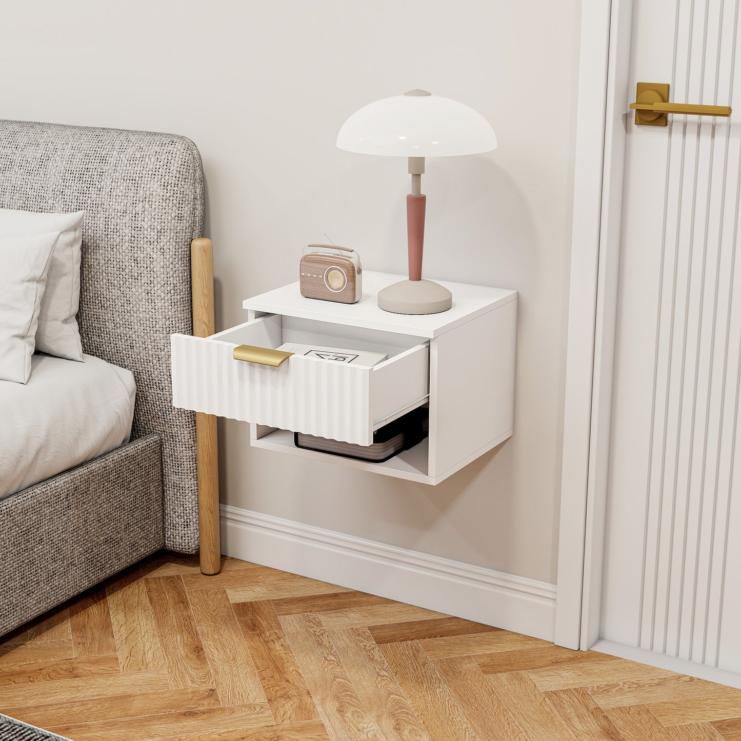 Ludi Set Of 2 Wooden White Wall Mounted Bedside Tables With Fluted Drawer And Shelf