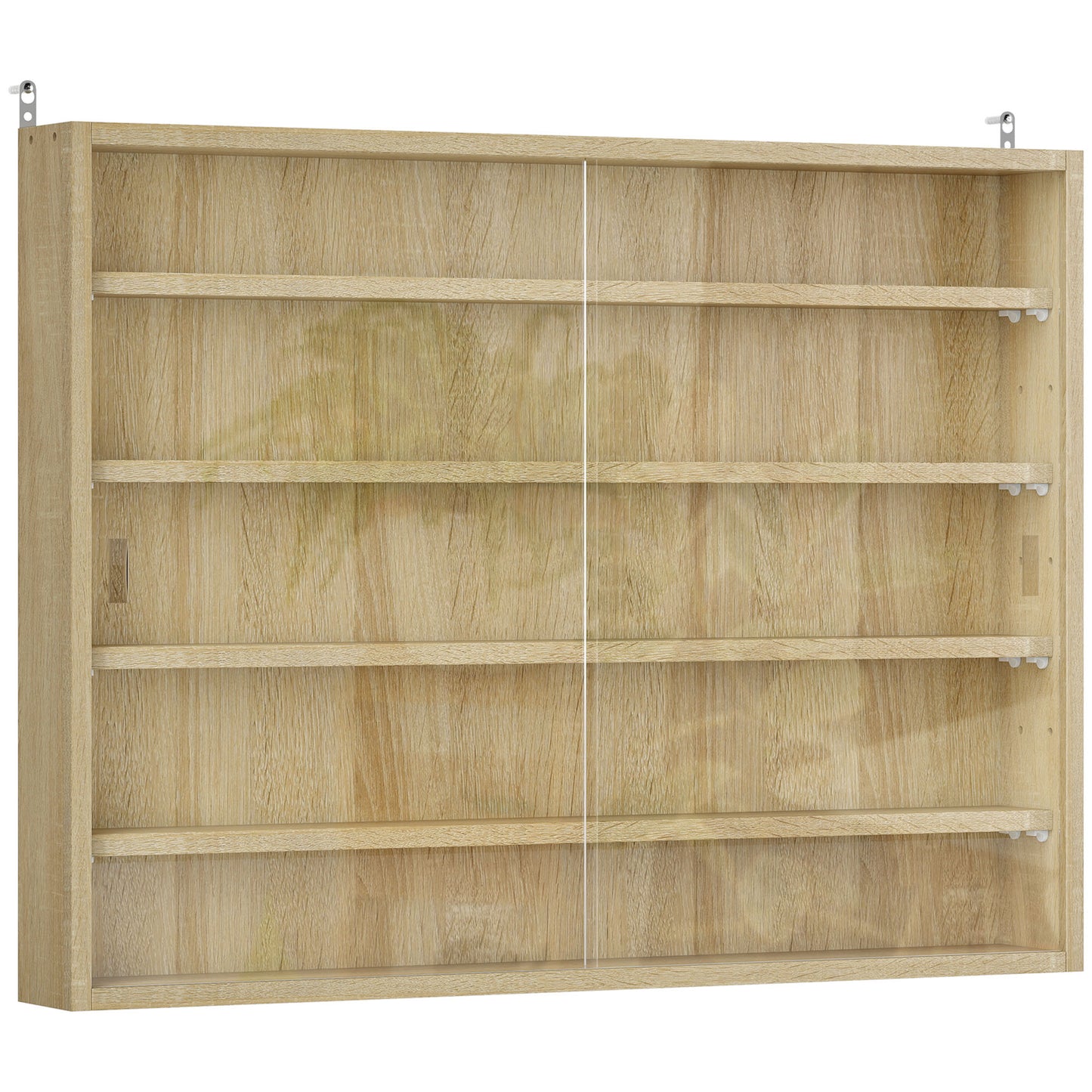 Wood And Glass Oak Finish 5 Tier Wall Display Cabinet With Adjustable Shelves 60 x 80 cm