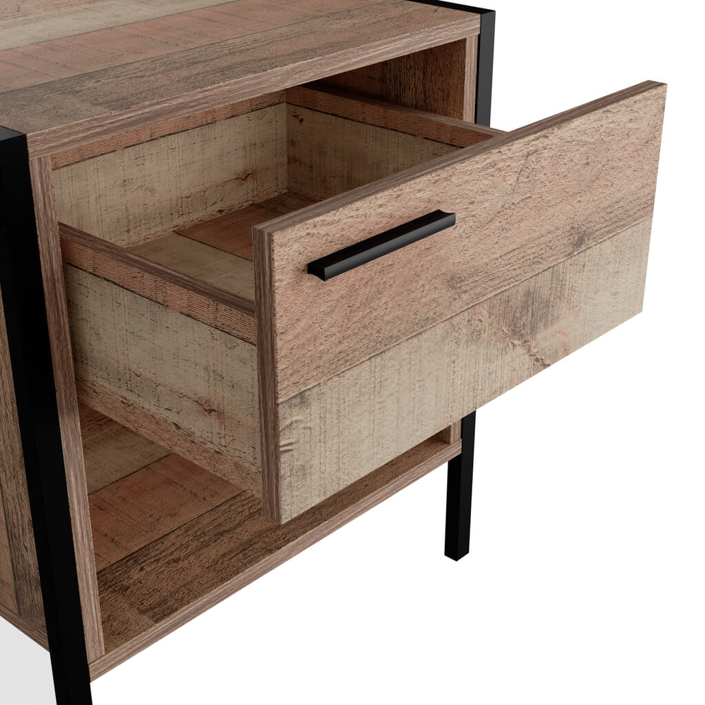 Lucan Oak Effect Distressed Bedside Table 1 Drawer Open Shelf