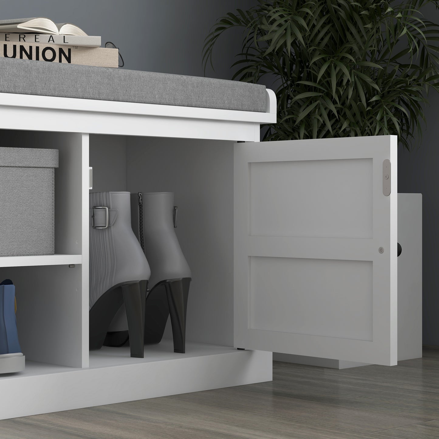 Lire Wooden White And Grey Multi Compartment Shoe Bench With Cushioned Top