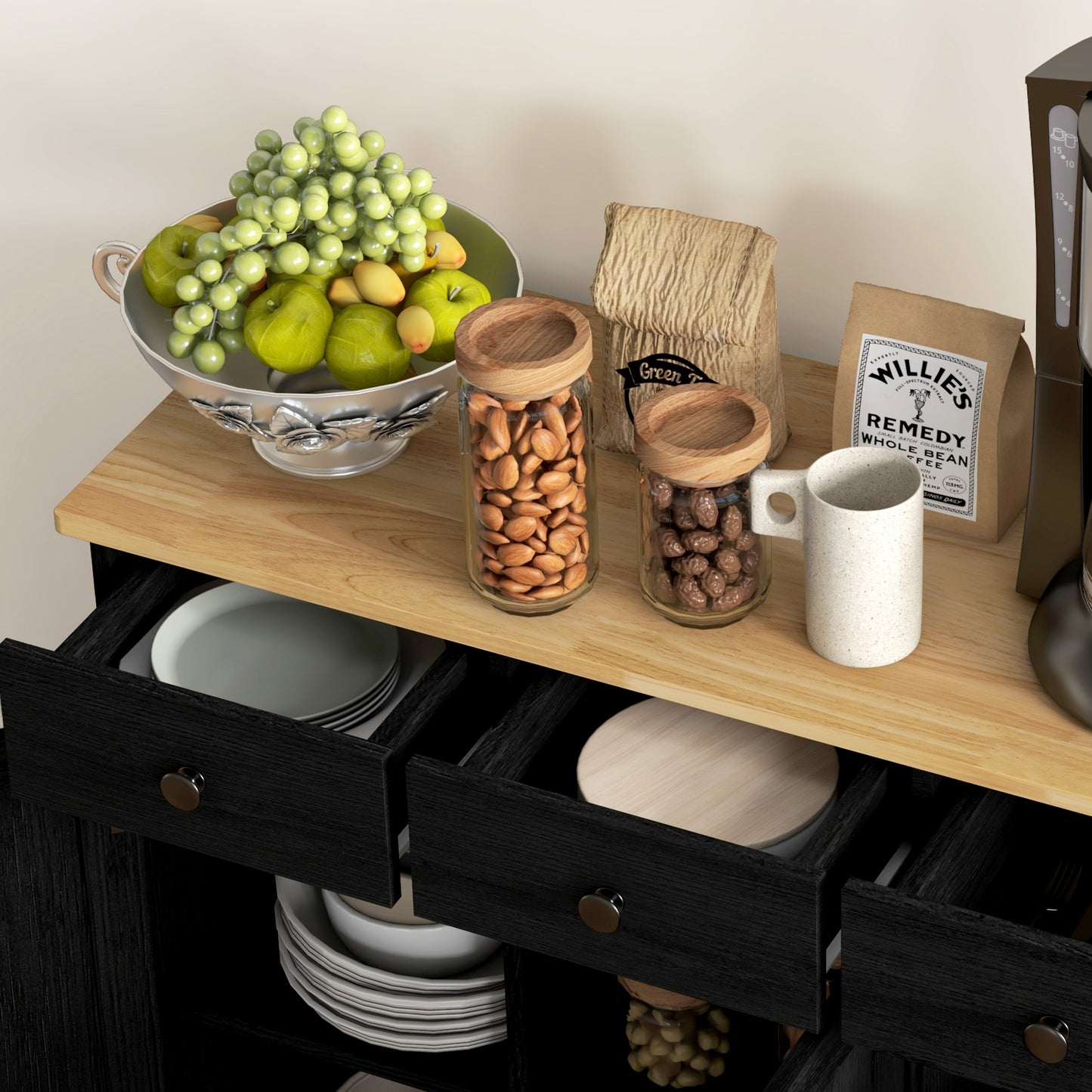Tohave Black Wood Sideboard Natural Top 3 Doors 3 Drawers 3 Shelves