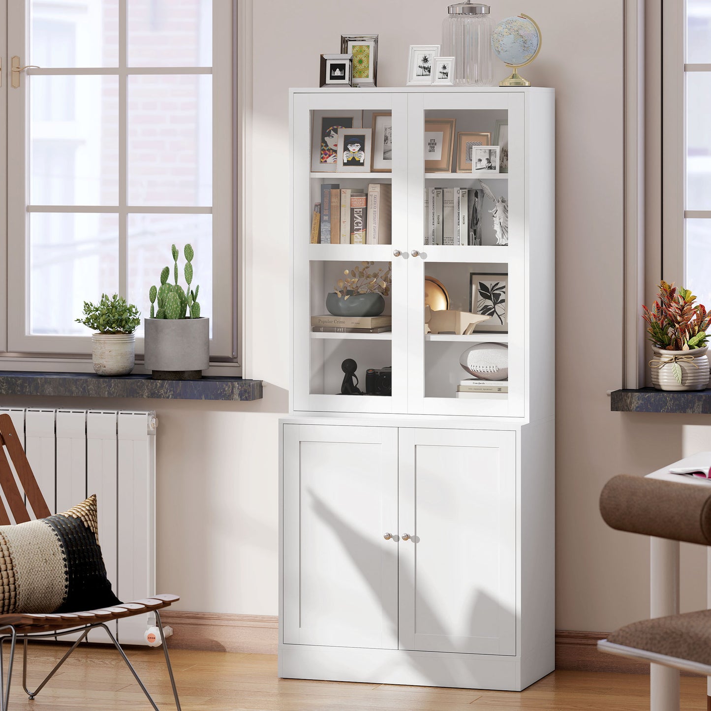 Mola Colu Wood And Glass White Display Bookcase With Adjustable Shelves And Glass Doors