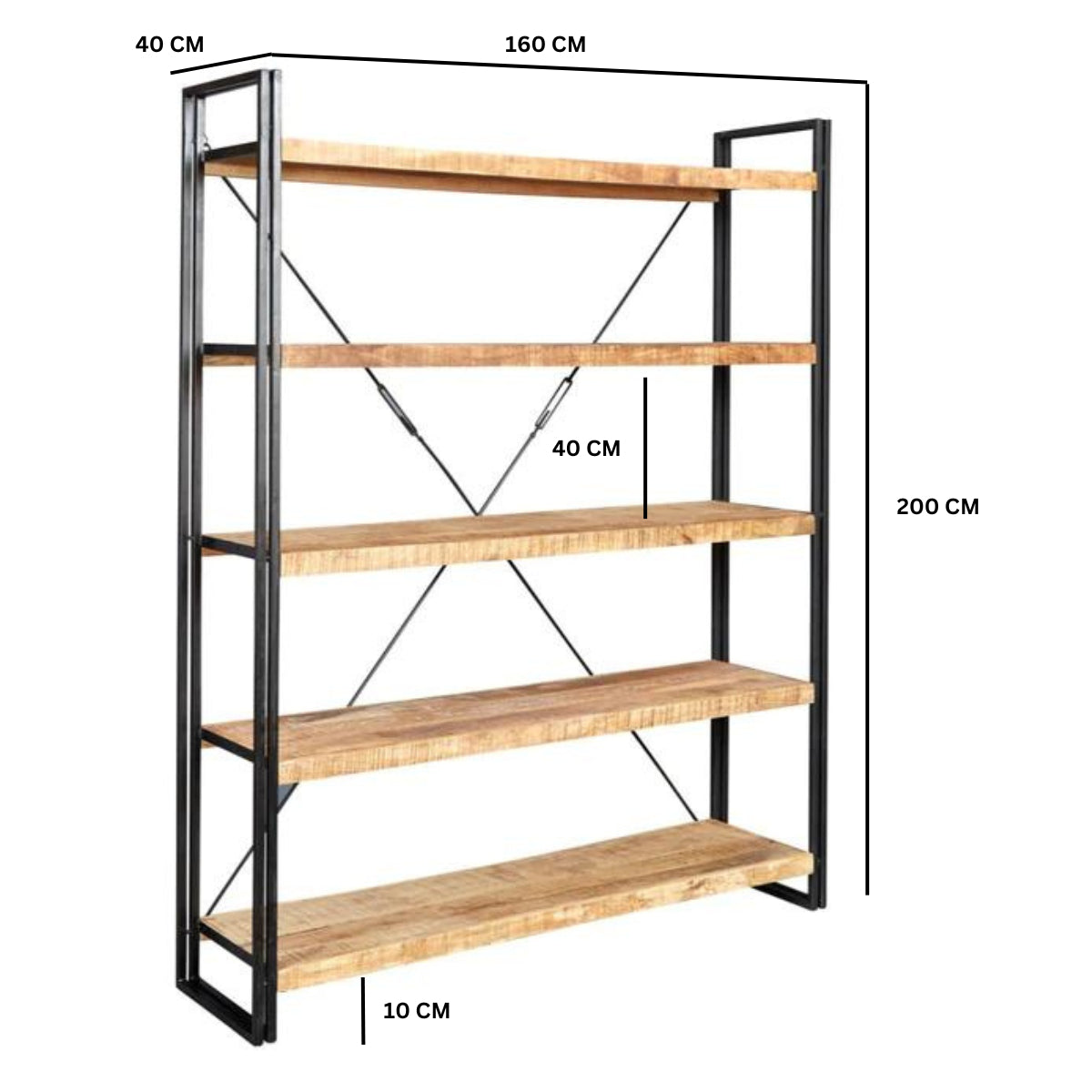 Toivakka Industrial Reclaimed Wood and Metal Wide Bookcase 5 Shelves