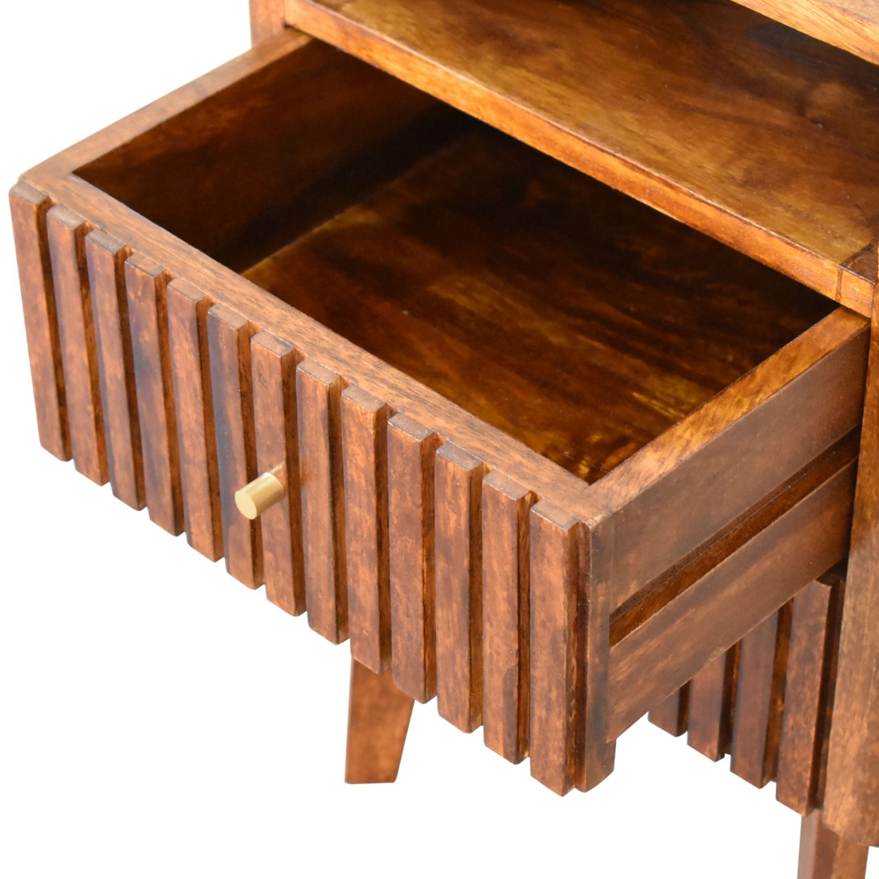 Brisighella Slatted Retro Mango Wood Bedside Table 2 Drawers Open Shelf