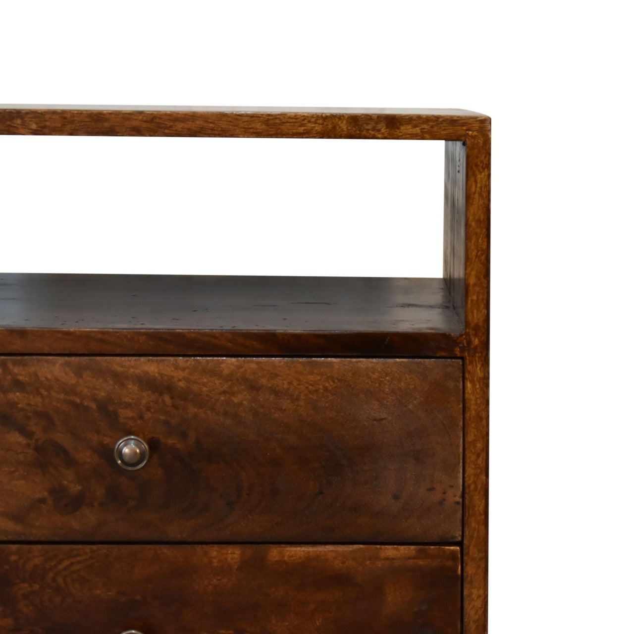 Camogli Mid-Century Chestnut Mango Wood Bedside 2 Drawers Open Shelf