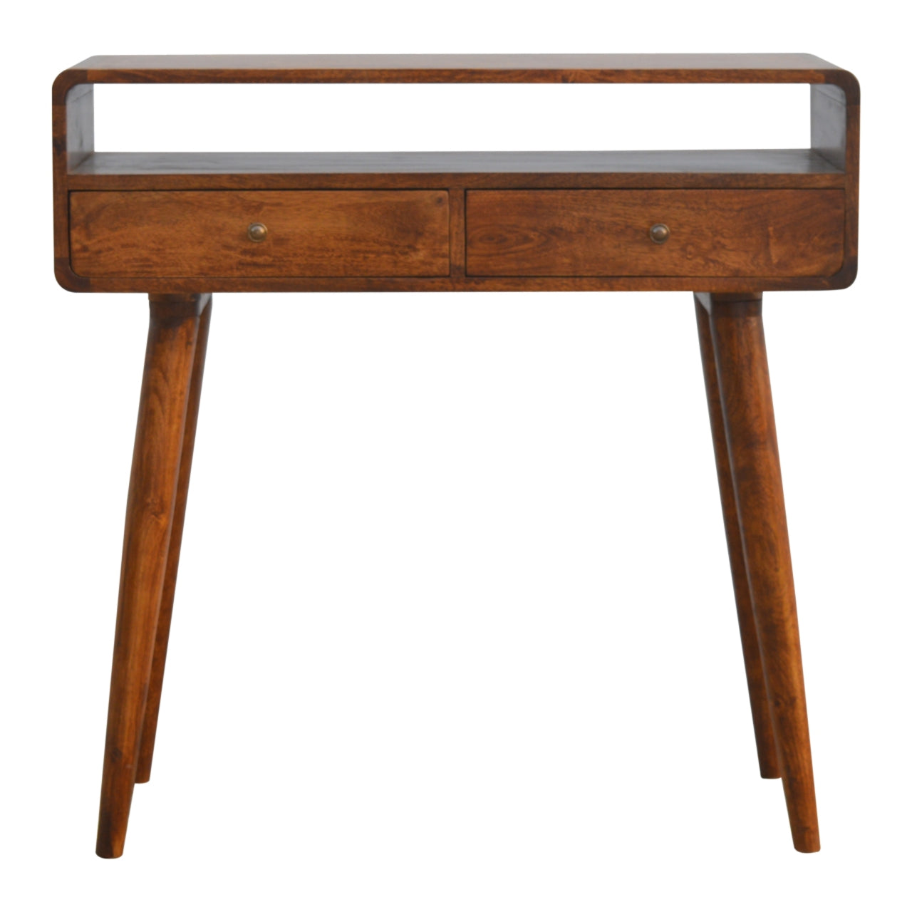 Ostuni Curved Mango Wood Chestnut Console Table 2 Drawers Open Shelf