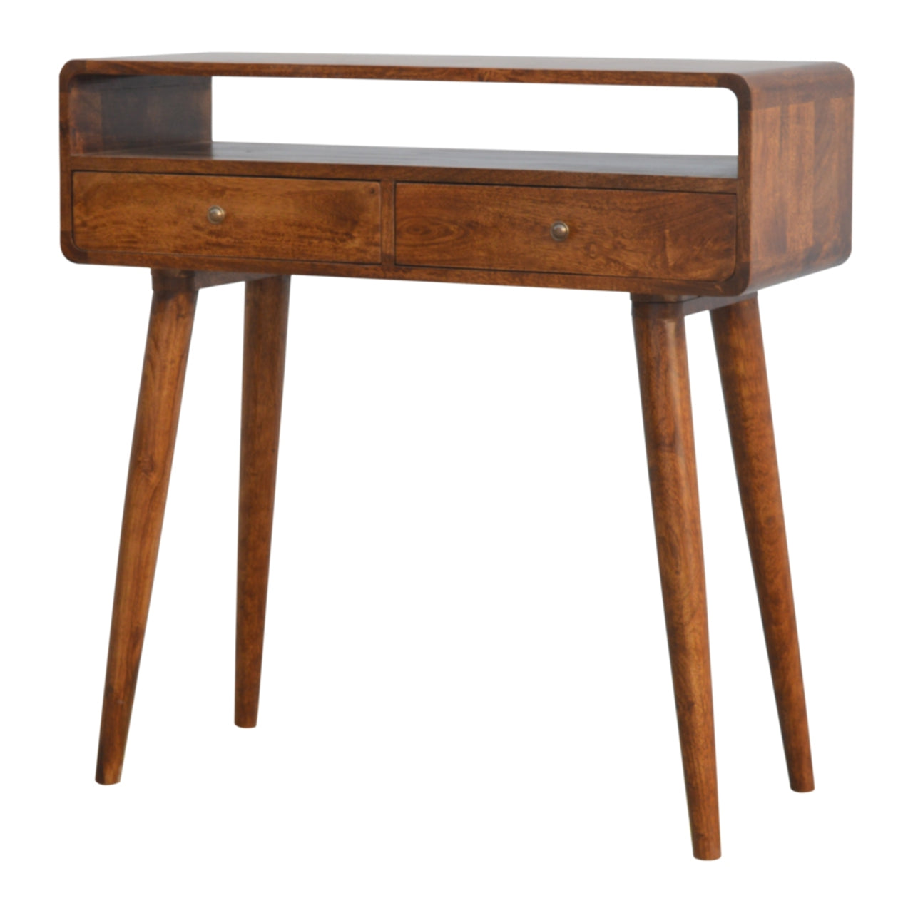 Ostuni Curved Mango Wood Chestnut Console Table 2 Drawers Open Shelf