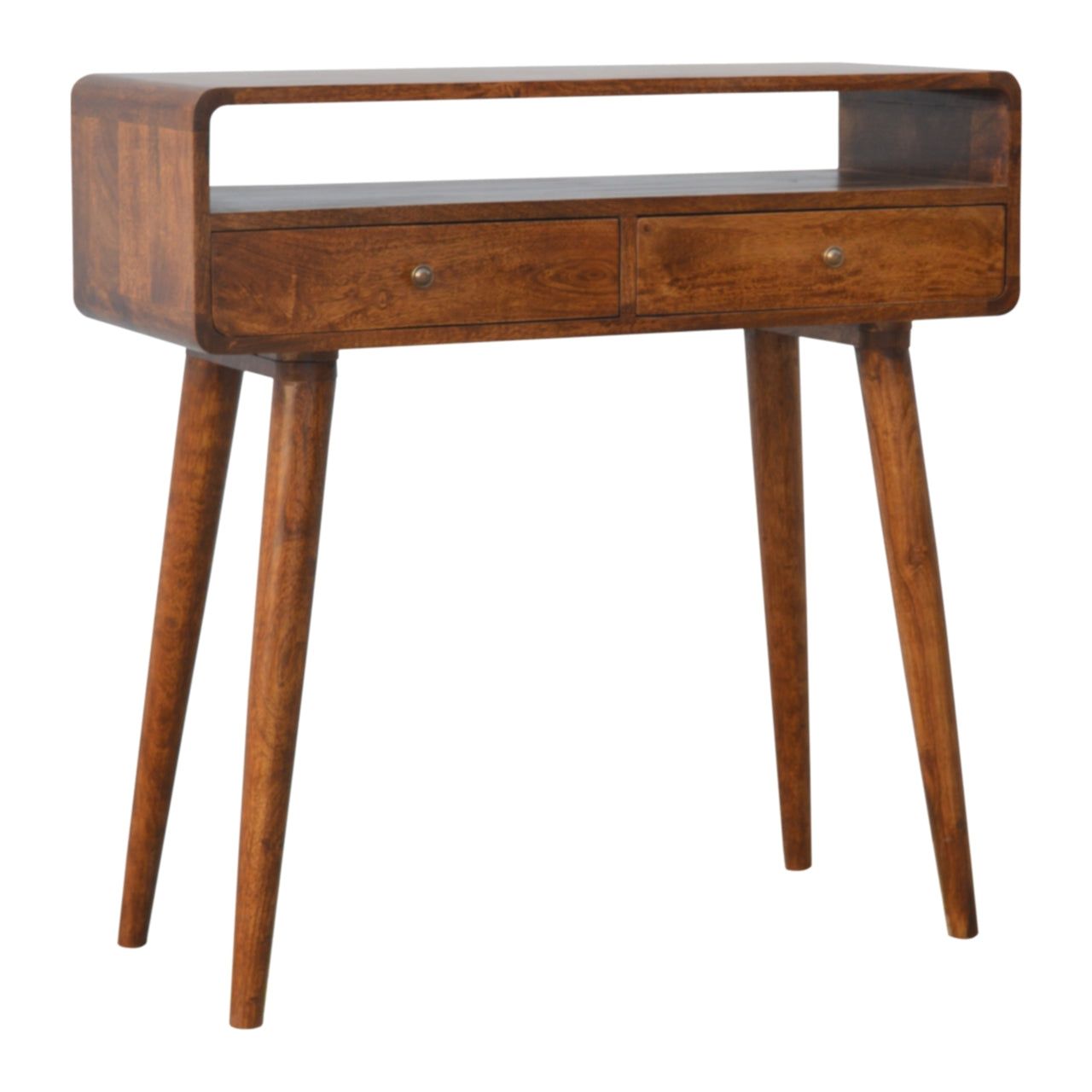 Ostuni Curved Mango Wood Chestnut Console Table 2 Drawers Open Shelf