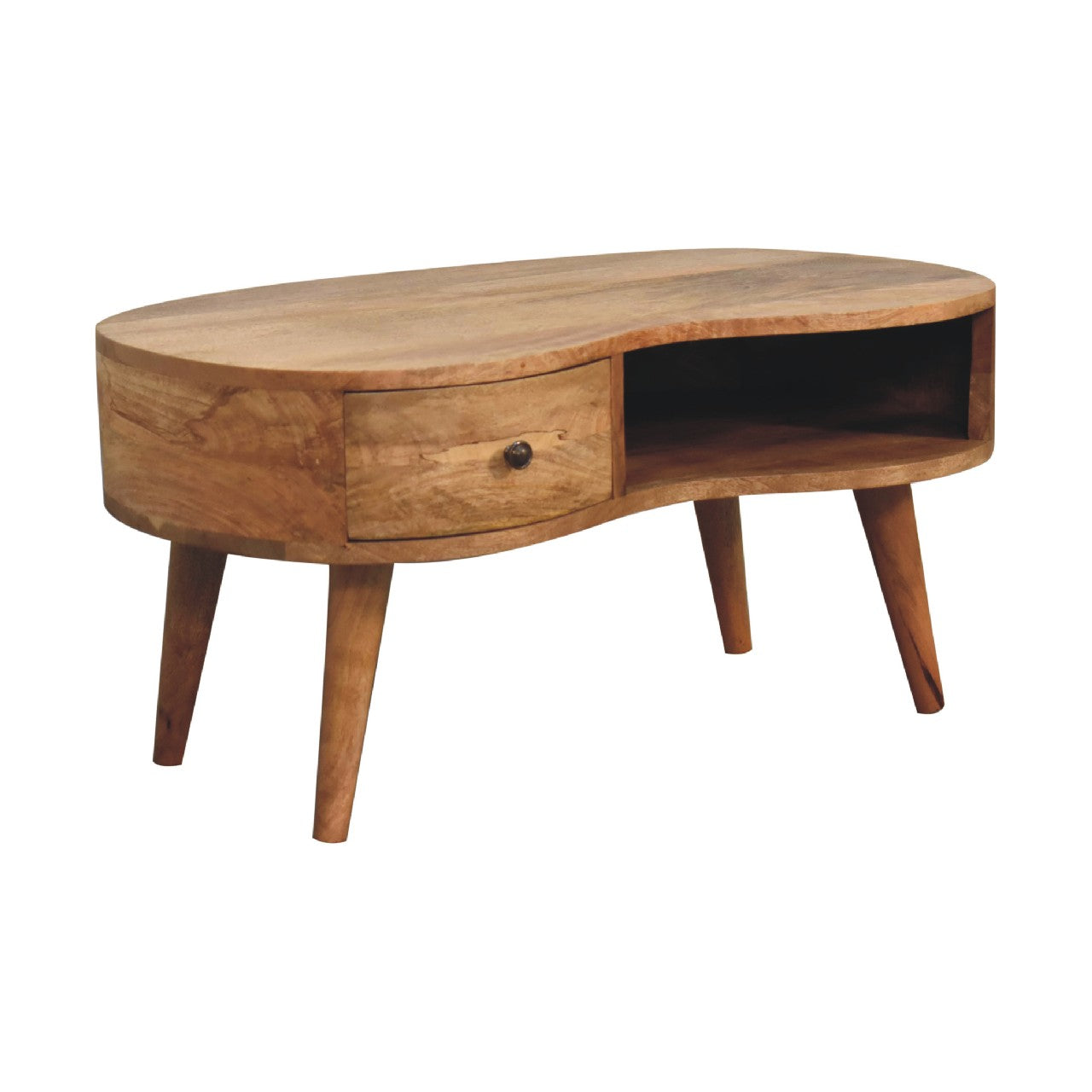 Padua Oak Mango Wood Wave Coffee Table with Drawer and Storage Shelf