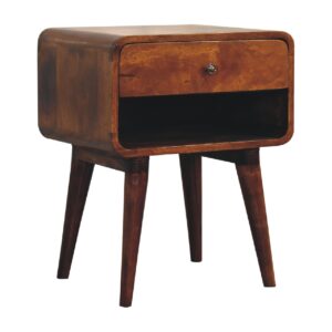 Honfleur Curve Open Slot Chestnut Mango Wood Bedside Table Drawer and Shelf