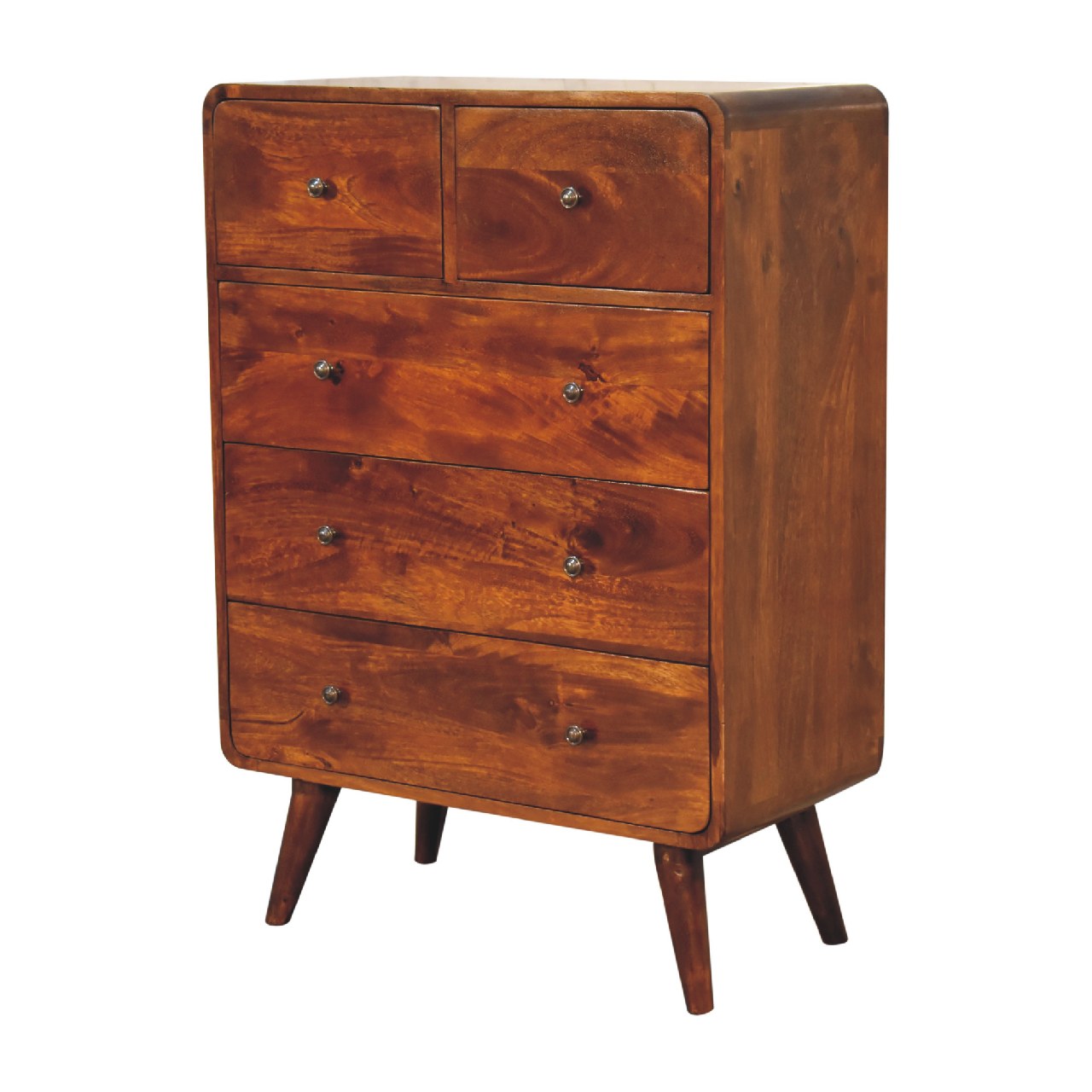 Kaew Mango Wood Curved Chestnut Chest of 5 Drawers