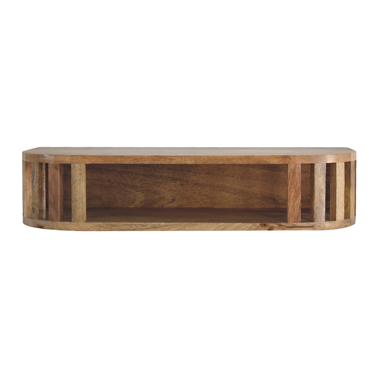 Kailua Floating Natural Mango Wood Slatted Console Table Open Shelf