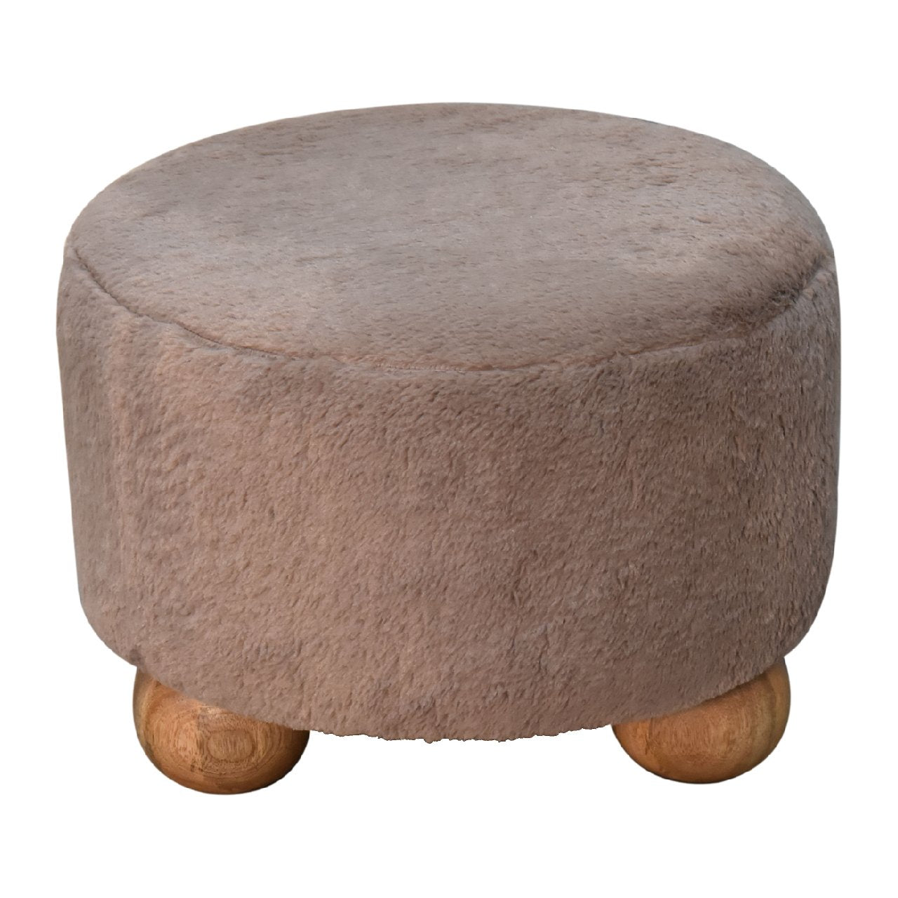 Pont Aven Grey Faux Fur Nordic Round Footstool with Mango Wood Ball Feet