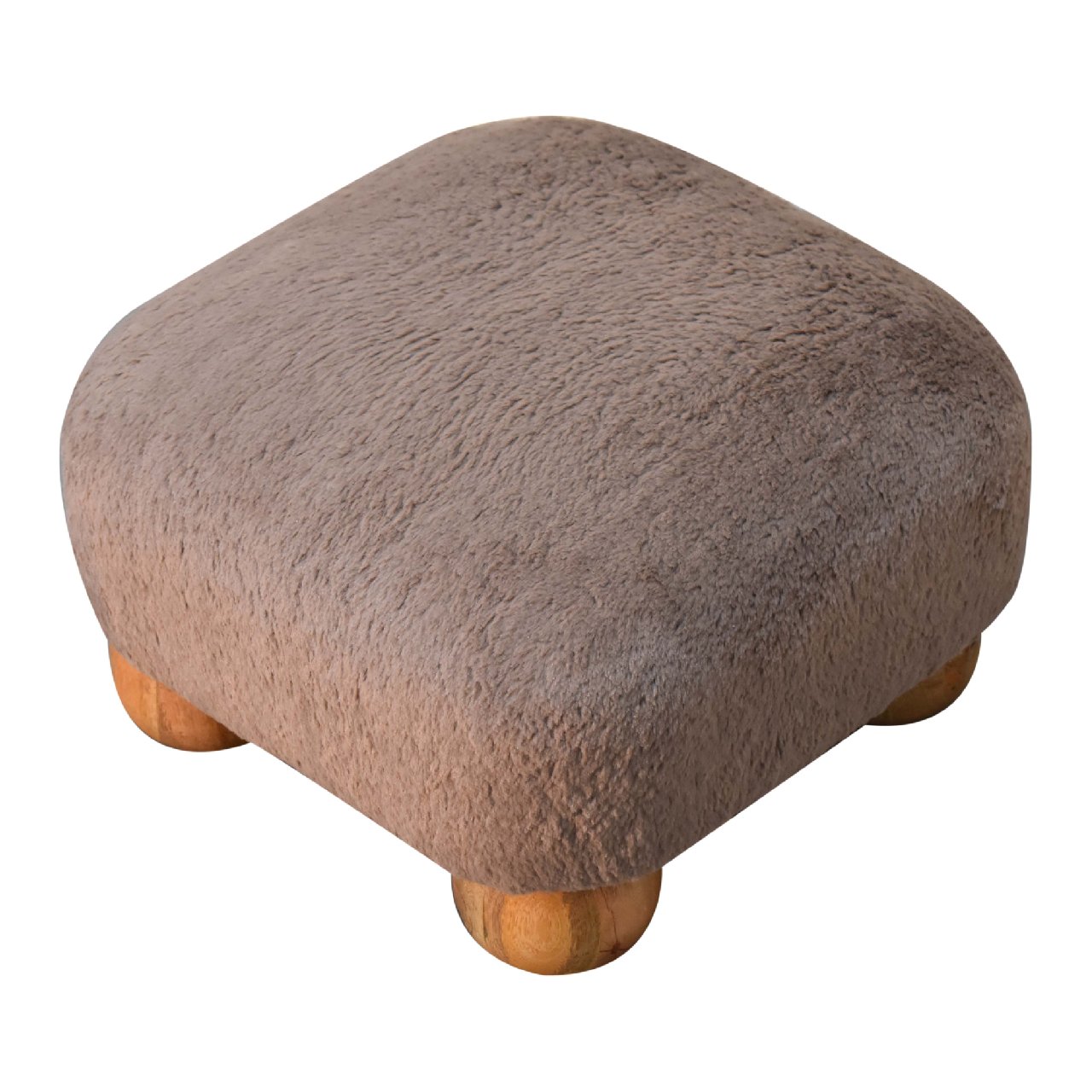Pont Aven Grey Faux Fur Nordic Square Footstool with Mango Wood Ball Feet