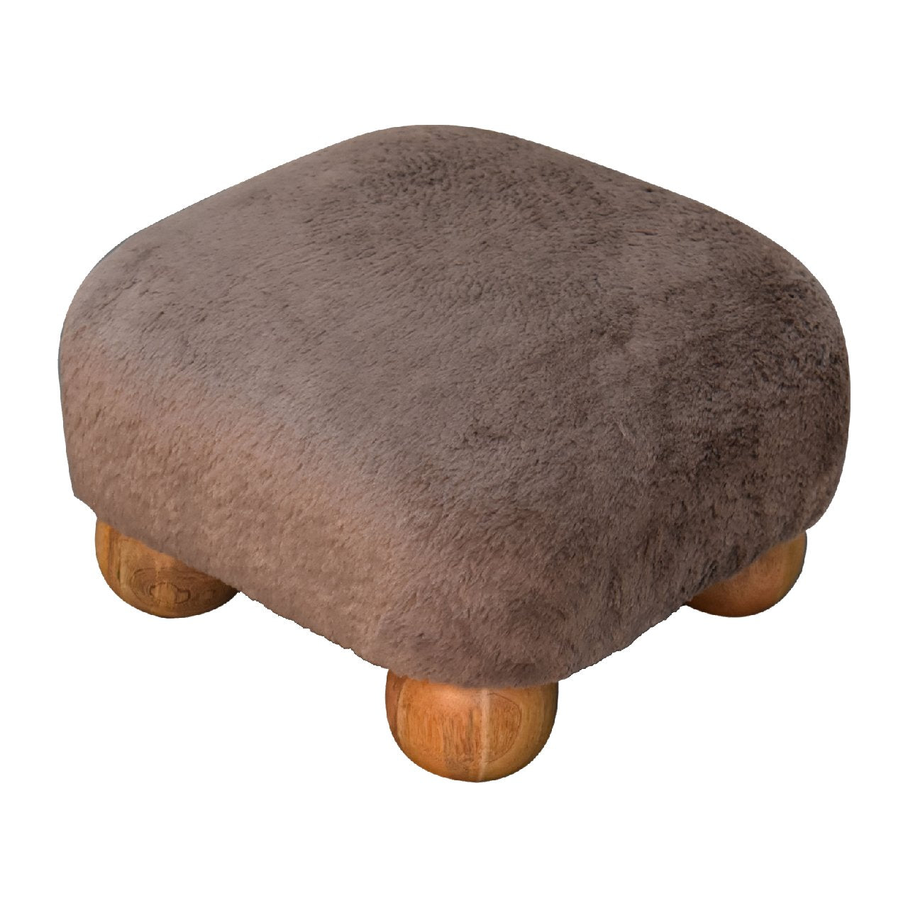 Pont Aven Grey Faux Fur Nordic Square Footstool with Mango Wood Ball Feet