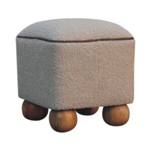 Wailea Grey Boucle and Mango Wood Footstool with Ball Feet