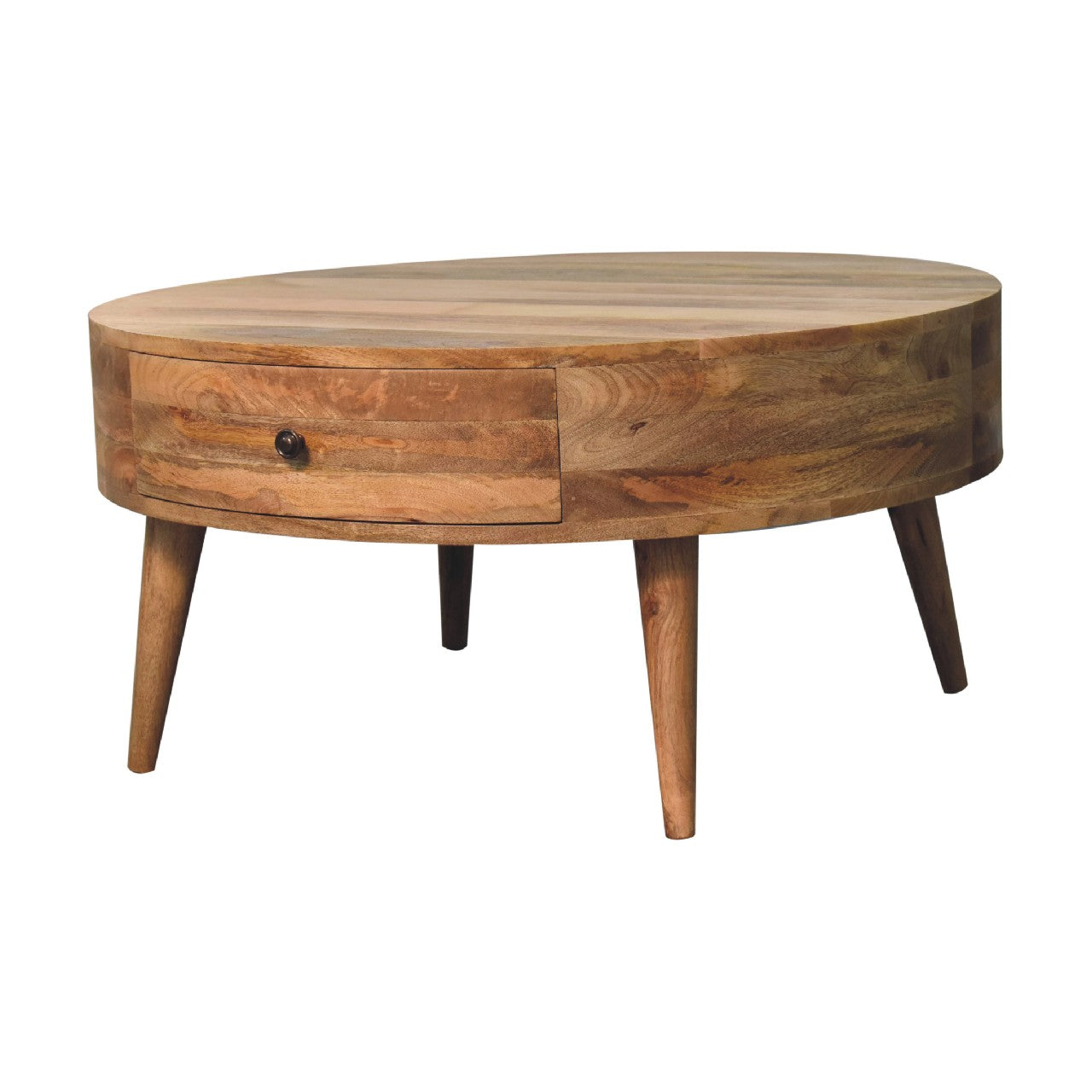 Ischia Oak Mango Wood Low Round Coffee Table 2 Drawers