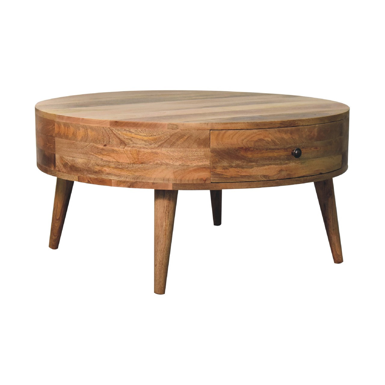 Ischia Oak Mango Wood Low Round Coffee Table 2 Drawers